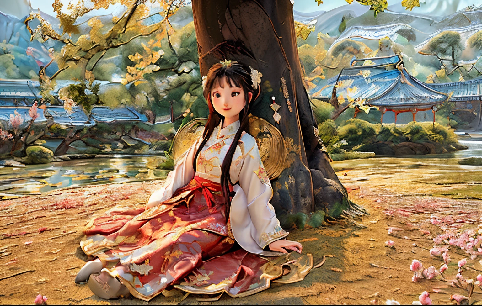 (8k, best quality, masterpiece:1.2), (realistic, photo-realistic), (1girl), solo, detailed golden eyes, long hair, sitting, close to viewer, (Hanfu, ming, ming Dynasty, ming clothing: 1.4),  light smile,  (arms behind back), water, sunny, (Sakura bloom),  snow mountain lake in the background,