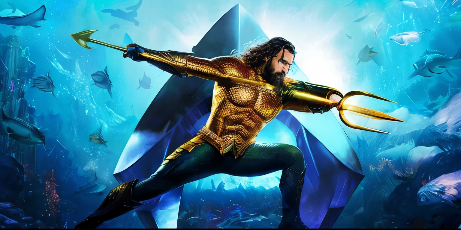 um homem com uma roupa azul e dourada segurando uma espada, Aquaman, aquaman aesthetic, sem texto, CGI 8K, Filme 2022, slide show, segurando seu tridente, imagem promocional do filme, Como um atlante, raposa, arte chave, guerreiro atlante, sitting in his throne underwater, Poseidon, jason momoa