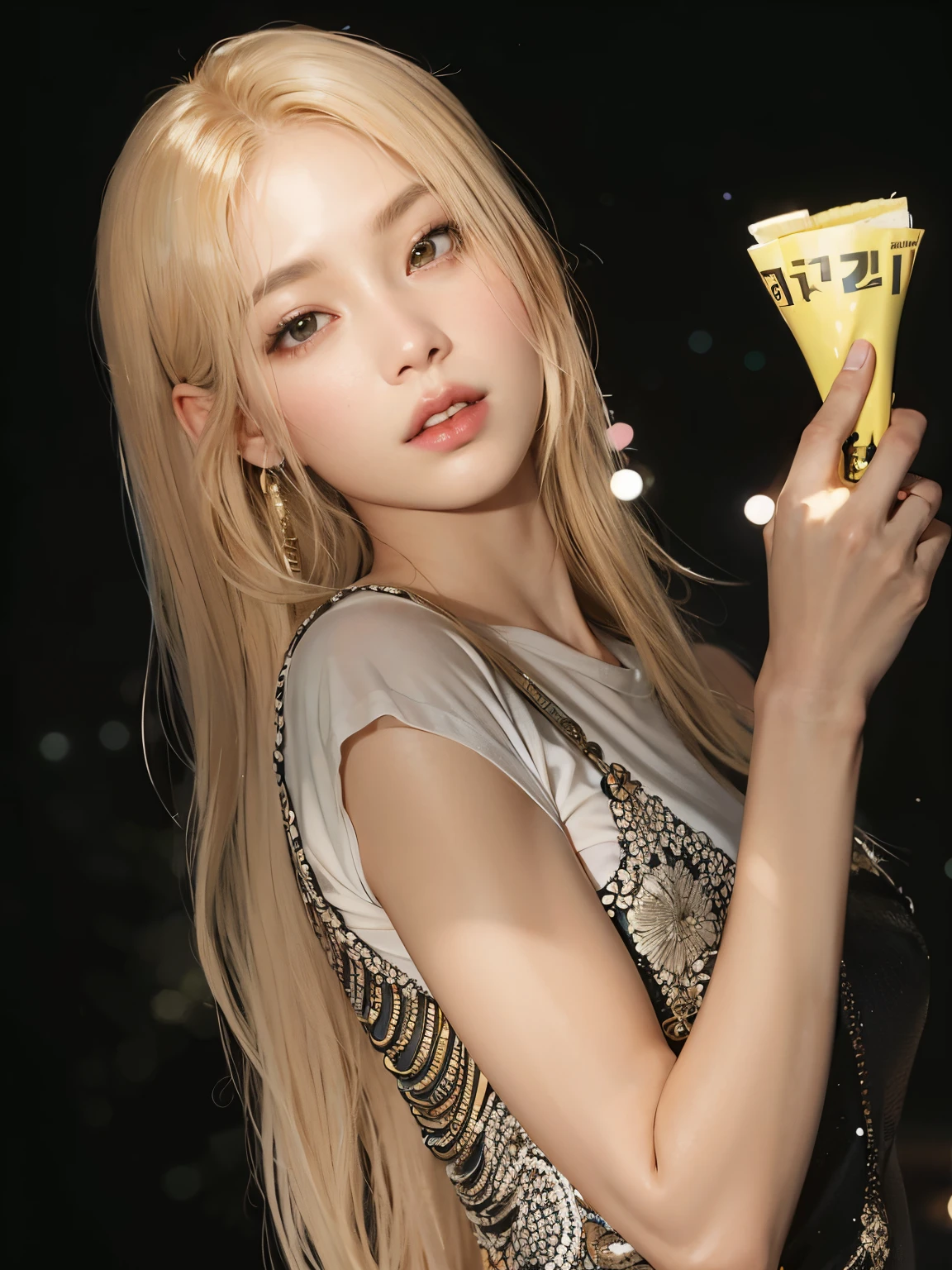 mujer rubia con pelo largo sosteniendo un objeto amarillo en su mano, Parque Roseanne de Blackpink, Retrato de Jossi de Blackpink, portrait of female Korean idol, Lalisa Manoban de Blackpink, Jossi de Blackpink, Lalisa Manobal, Retrato de Kpop Idol, Jinyoung Shin, 8K Artgerm Bokeh, Heonhwa Choe, Render de abril