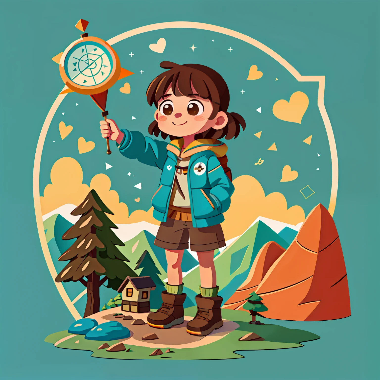 Girl with brown hair，Wear adventure clothing，mountain road（There is an extra large compass on the back）（hold love in hands）in the early morning，（There is love）Happy，Surrounded by love，Surrounded by love，O sign，vector，line art，designs，inspiration，straight line，RHAD