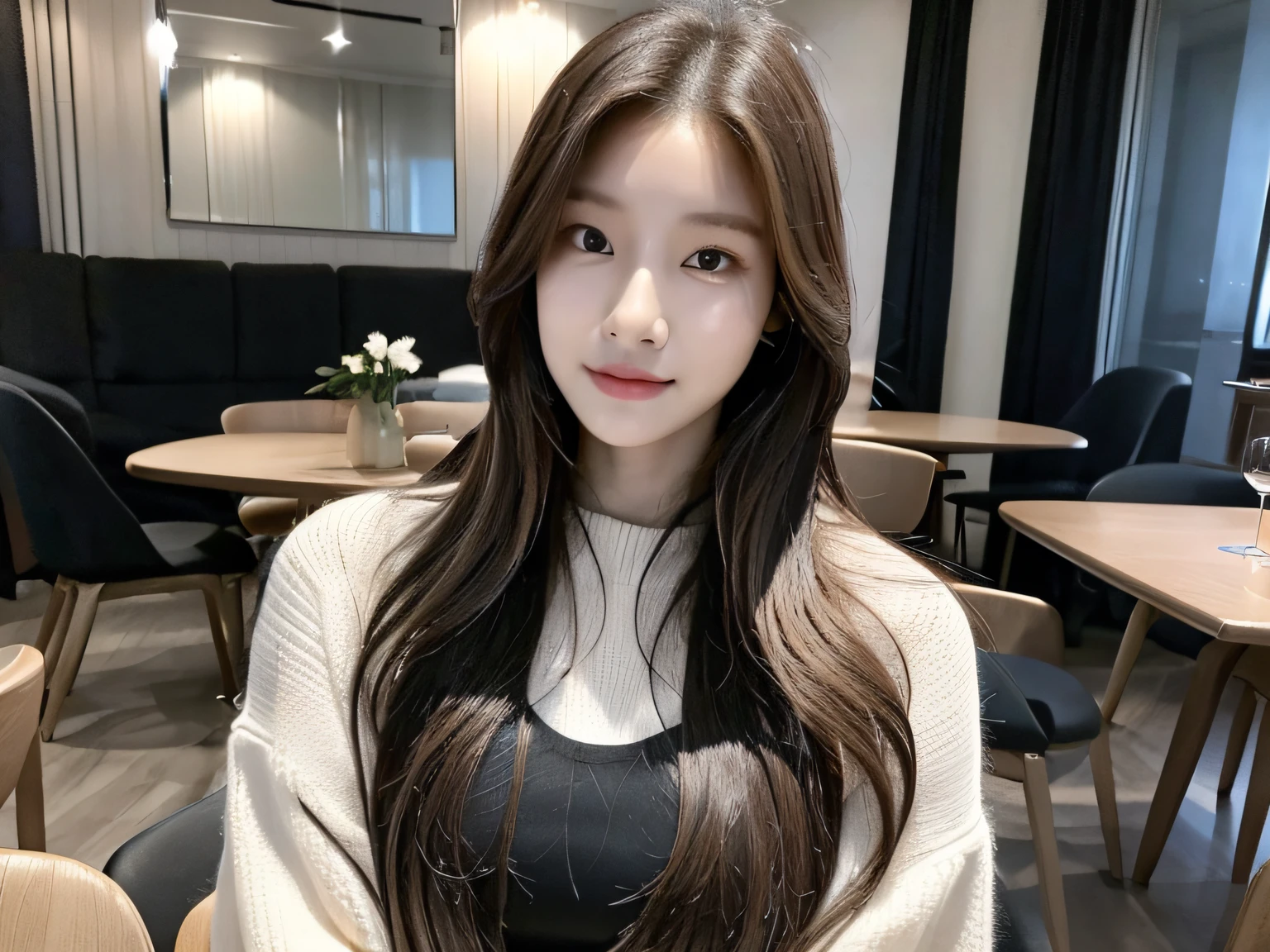 there is a woman with long hair sitting at a table, jaeyeon nam, gorgeous young korean woman, 8k selfie photograph, korean girl, heonhwa choe, korean woman, 2 , beautiful south korean woman, ash blond greyish hair, 2 7 years old old, pokimane, hair