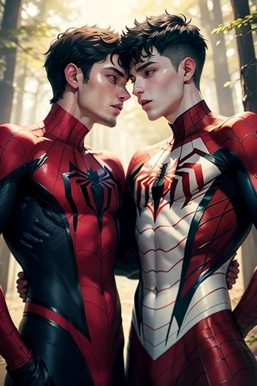 A highly detailed photograph of a two guys white 18-year-old spidermans, handsome, attractive, masculine pose, giving a kiss on the mouth, with green eyes, well groomed short black hair, mischievous look, happy expression, one guy wear a red and gold spiderman clothes, the other guy wear a blank and white spiderman suit shirtless sweaty, showing the ripped torso, in a fantasy summer forest, beautiful illumination. hyperrealistic, hyperdetailed, 4k,