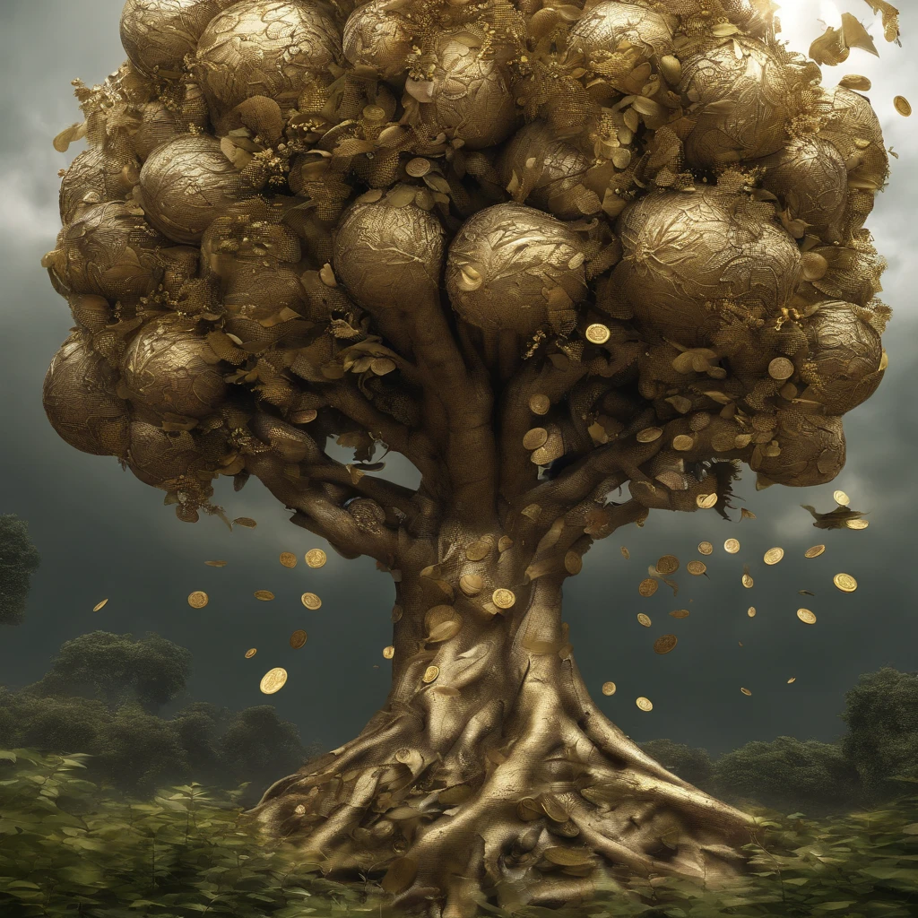 Best quality at best,A tree is surrounded by vines,The tree is surrounded by gold coins,Super clear and high quality