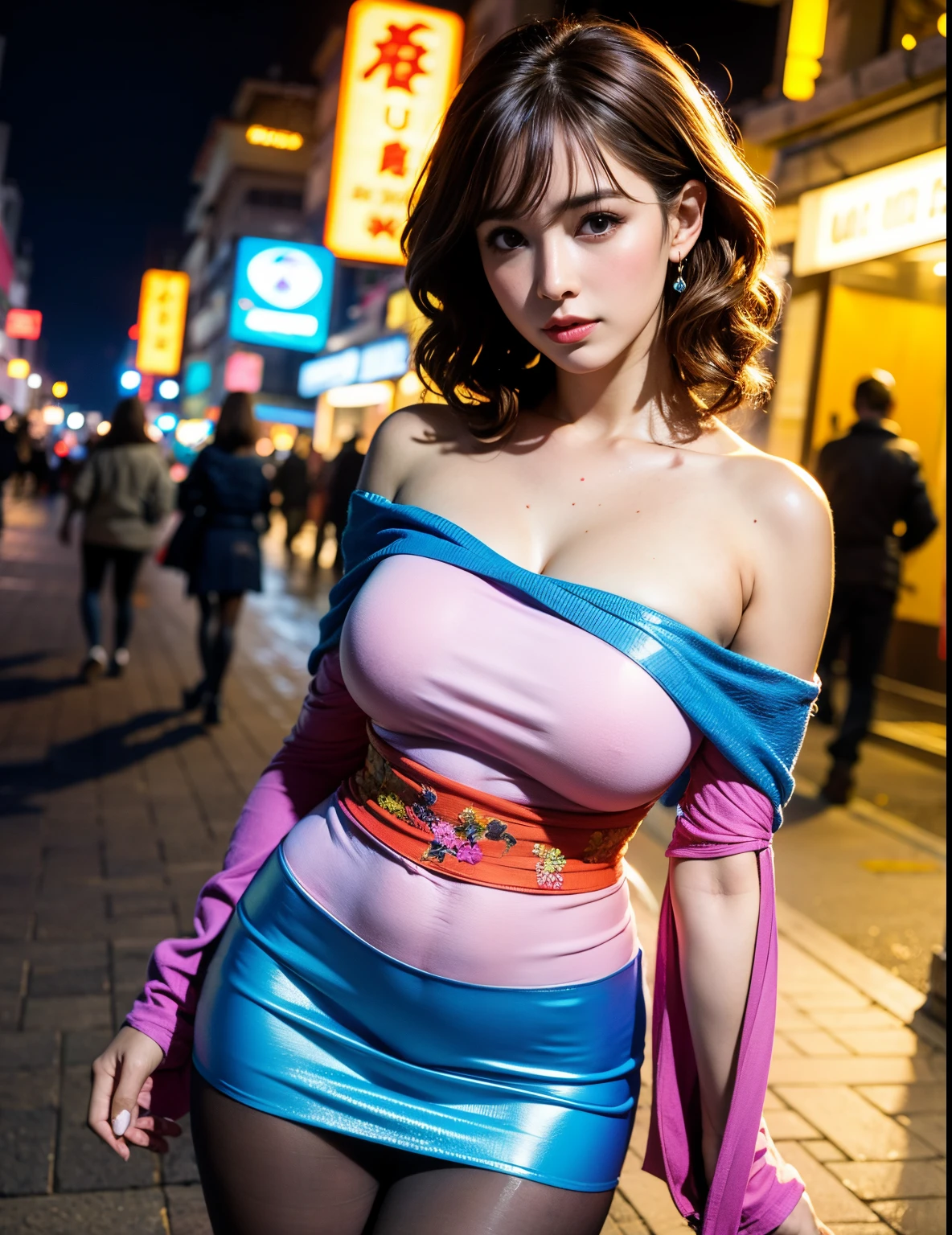 realistic, RAW photo, dslr, film grain, Fujifilm XT3, night shot, 1girl, goddess women,  (curly hair, long hair), (thigh,off shoulder:1.2), ([:see-through:4]:1.4) (red floral print hanfu:1.1), pencil skirt, black pantyhose, (deserted street:1.3), Backlit, Bokeh, Contrast Filters, (smile:0.8), looking at viewer, (china jiangnan water town style:1.1), water, wet, (freckles:0.9),