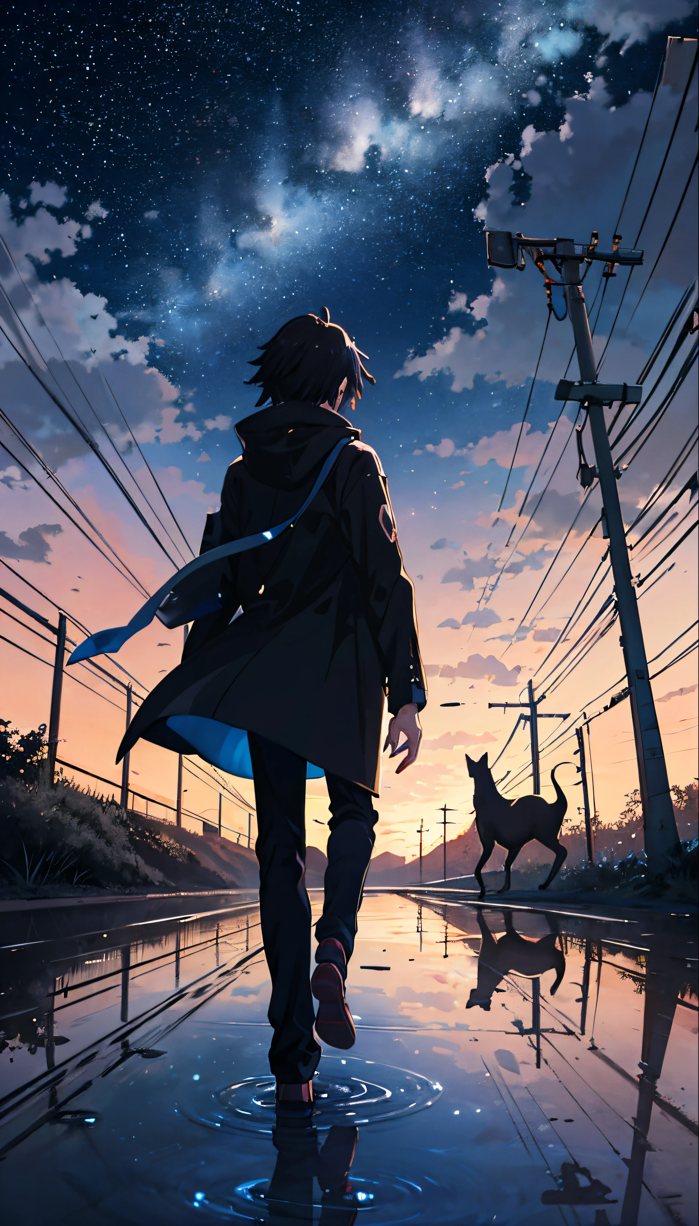 eldritch horror prophecy, horrifying monstrous creatures, lightning from skies, lava from ground, a figure of man standing in front of creatures, masterpiece, through bodies of water on tracks, bright starry sky, Makoto Shinkai's picture, pixiv, concept art, lofi art style, reflection. by Makoto Shinkai, lofi art, Beautiful anime scene, Anime landscape, detailed scenery —width 672, in style of Makoto shinkai, style of Makoto shinkai, enhanced details.
