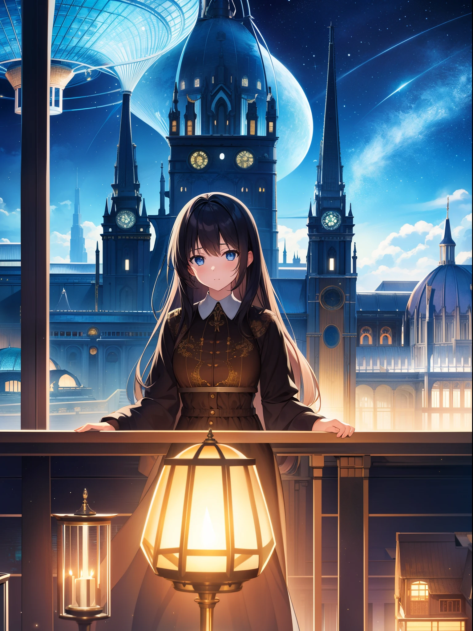 best quality, masterpiece, extremely detailed, detailed background, anime, 1girl, young girl, short girl, sci-fi, science fiction, outdoors, night, starry sky, greenhouse, megastructure, bio-dome, landscape, scenery, horizon, rooftop, sitting on rooftop, wind, looking away, atmospheric lighting, solo focus, close up, from side, depth of field, bokeh
