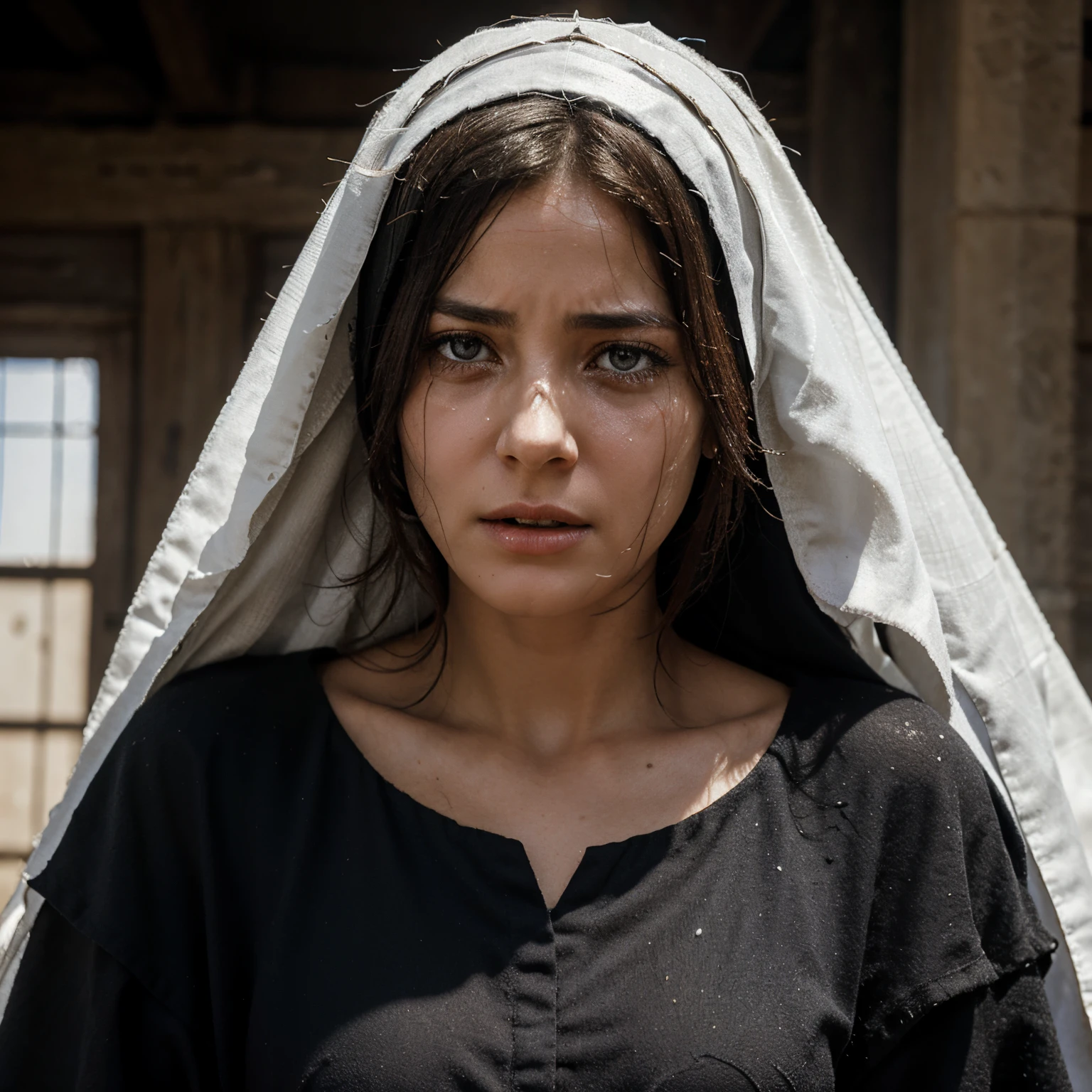 Biblical character woman crying, distressed, desperate, black Hebrew clothing, white veil, realistic image