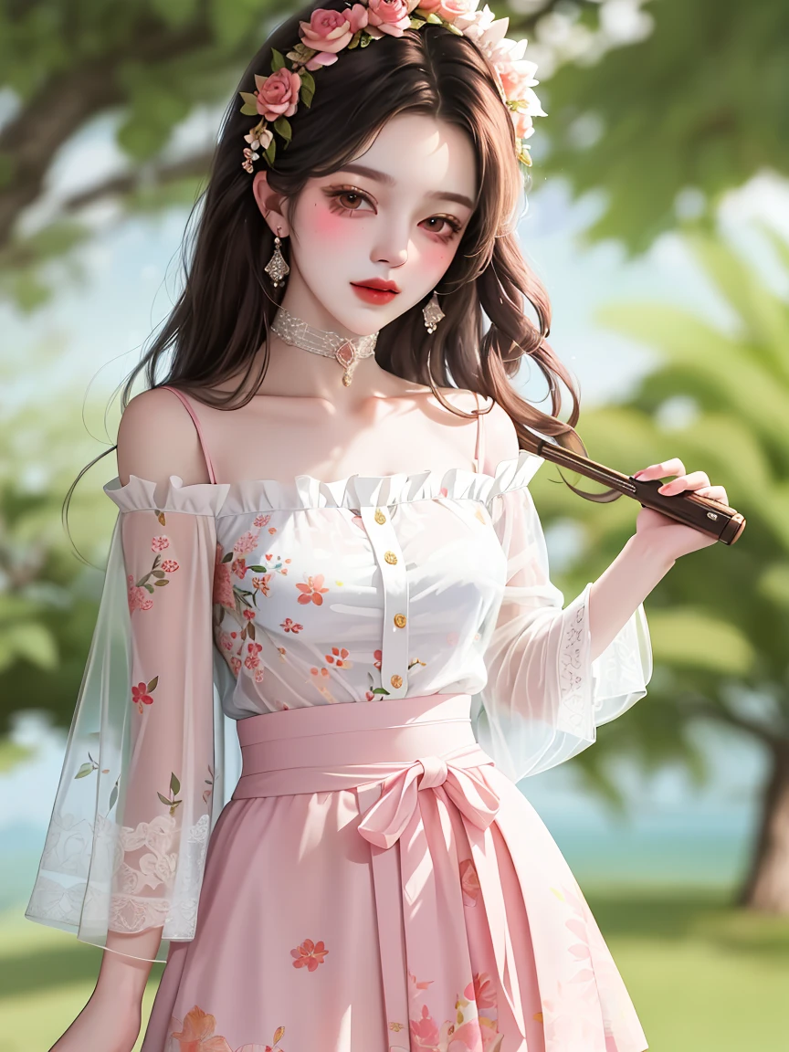 (best quality, masterpiece), 1girl, intricate details, off shoulder, skirt, choker, frills, see-through, looking at viewer, blush, upper body, blurry background, floral print, contrapposto