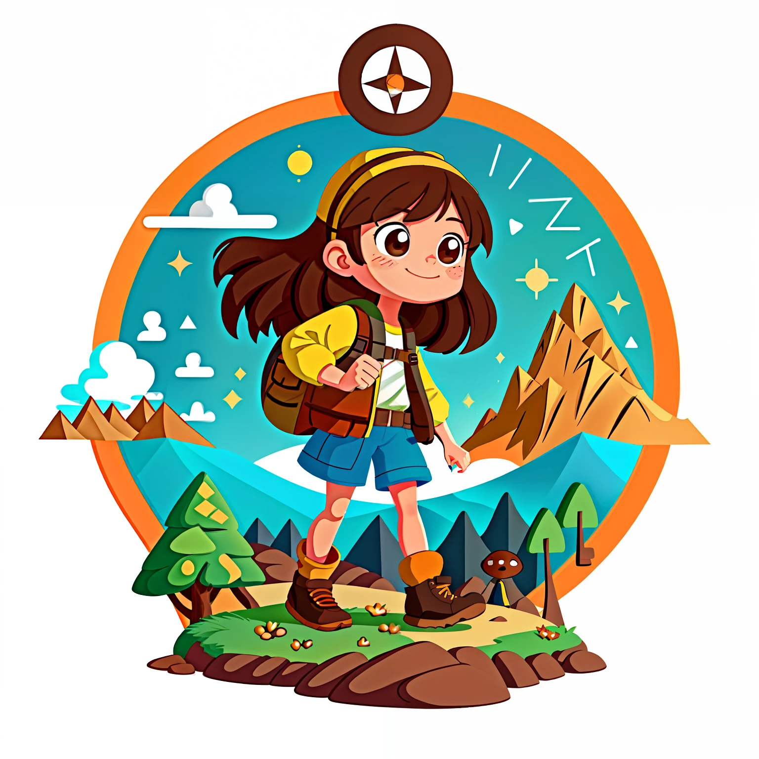 Girl with brown hair,Wear your adventure attire,mountain path(There is an oversized compass on the back)(hold love in hands)in the early morning,(There is love)Happy,Surrounded by love,Surrounded by love,O sign,vector,line art,designs,inspiration,straight line,RHAD