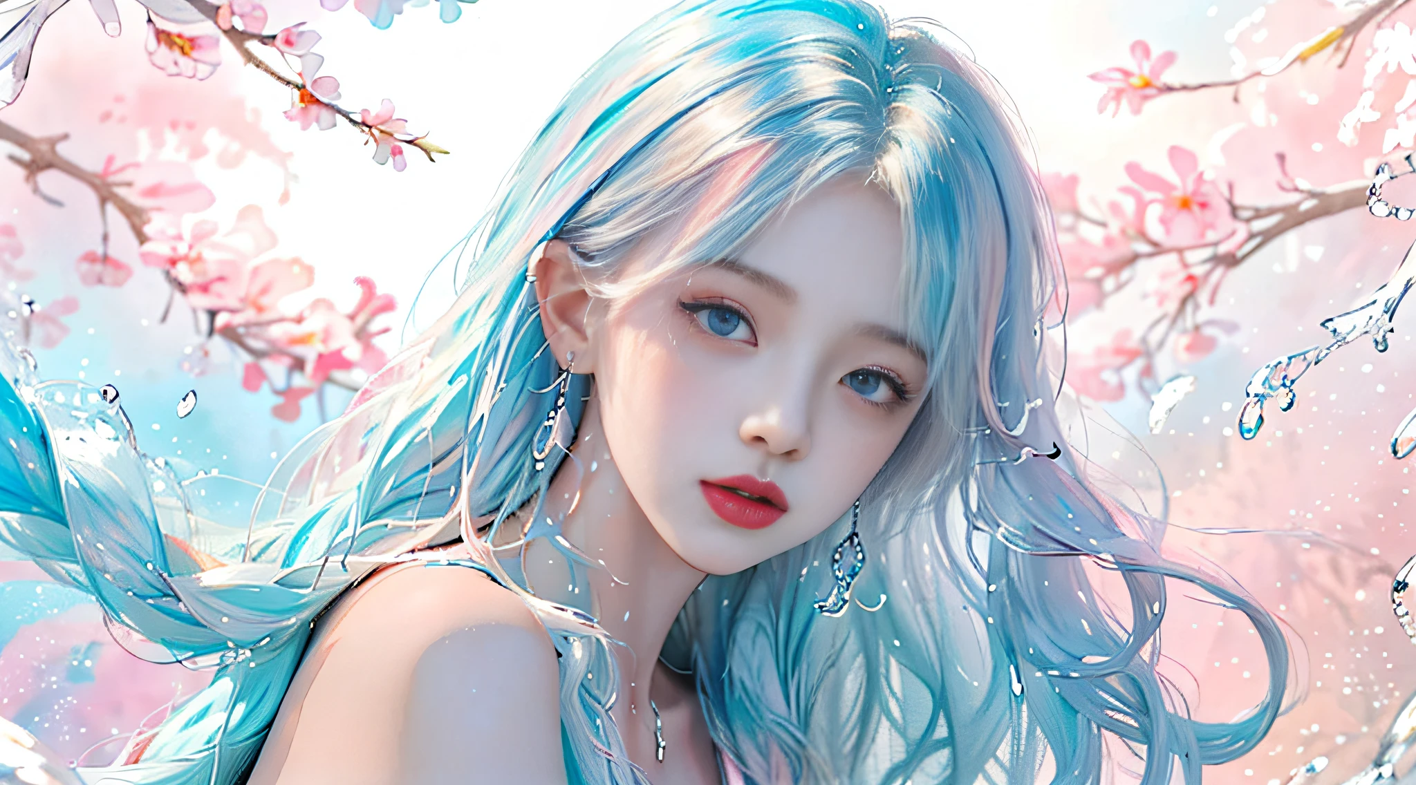 (Masterpiece, Best Quality, High Resolution), White Background, Acrylic Paint, ((Color Splash, Splash of Ink, Color Splash)), Sweet Chinese Girl, Long Light Blue Hair, [Light Blue|Pink] Hair, Curly Hair, Glitter, Peach Lips, White Shirt, Front, Upper Body