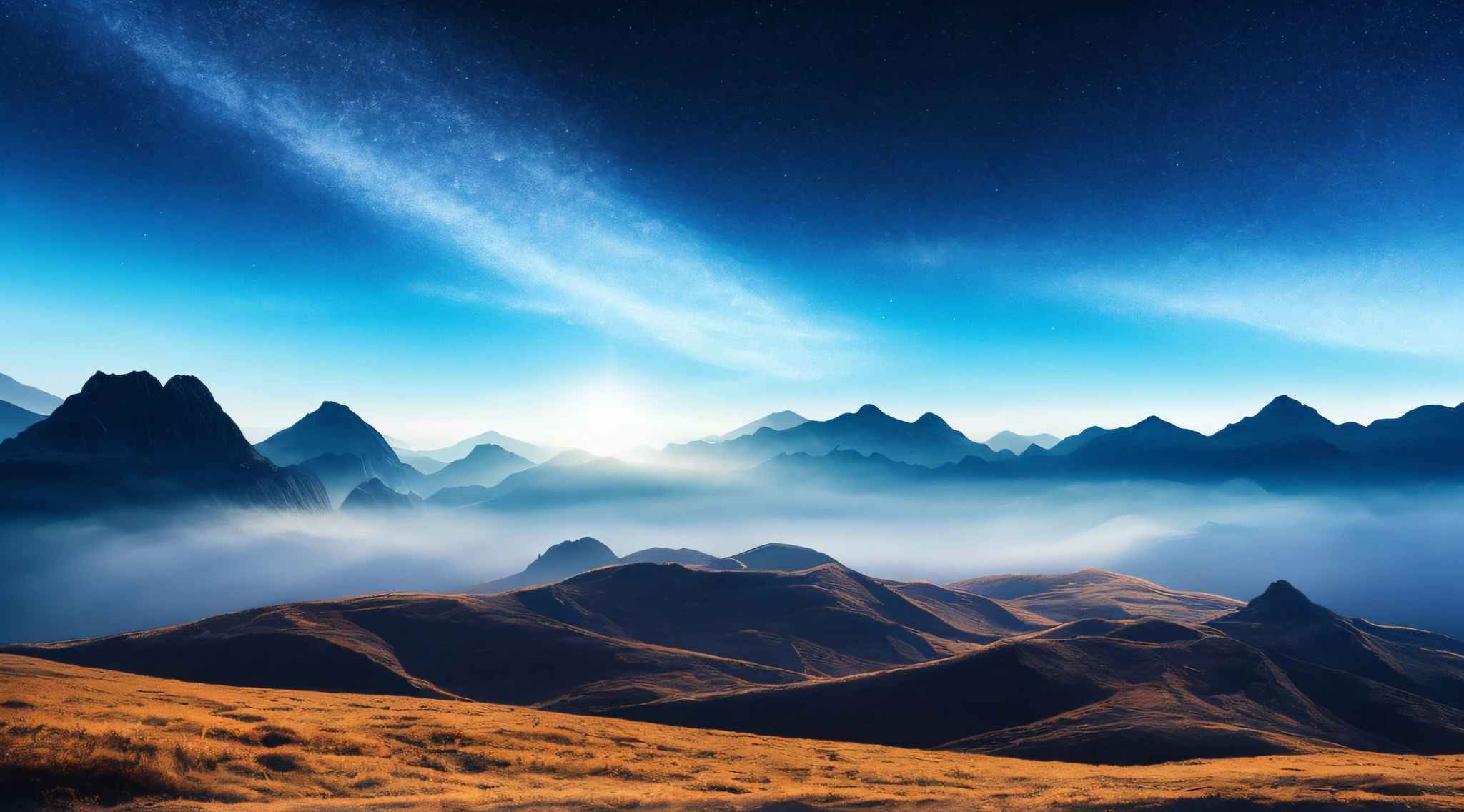 Sky background image, Stunning alien landscapes, Glowing clouds, stunning alien landscape, alien mountains, Beautiful alien landscape, floating mountains, 2023 4k, Heat haze is complicated, stunning alien landscape, Epic and shocking atmosphere, glowing swirling mist, heavenly landscape, beams of light from sky, author：Liang Kai, The moonlight is very dazzling