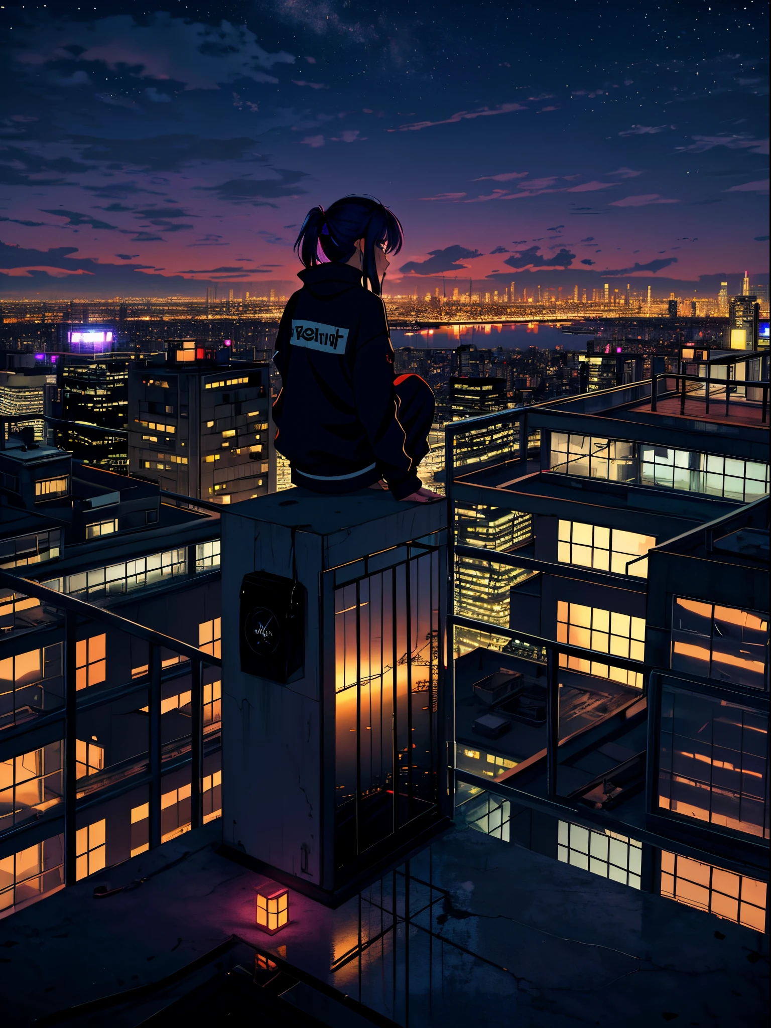 (noite) Cute girl on top of a building wearing baggy clothes watching the horizon and reflecting on how society has come to the point of self-destructing, imagem triste e reflexiva, girl on top of a building watching everything and re reflecting on how society has come to the point of self-destruction, imagem triste e reflexiva