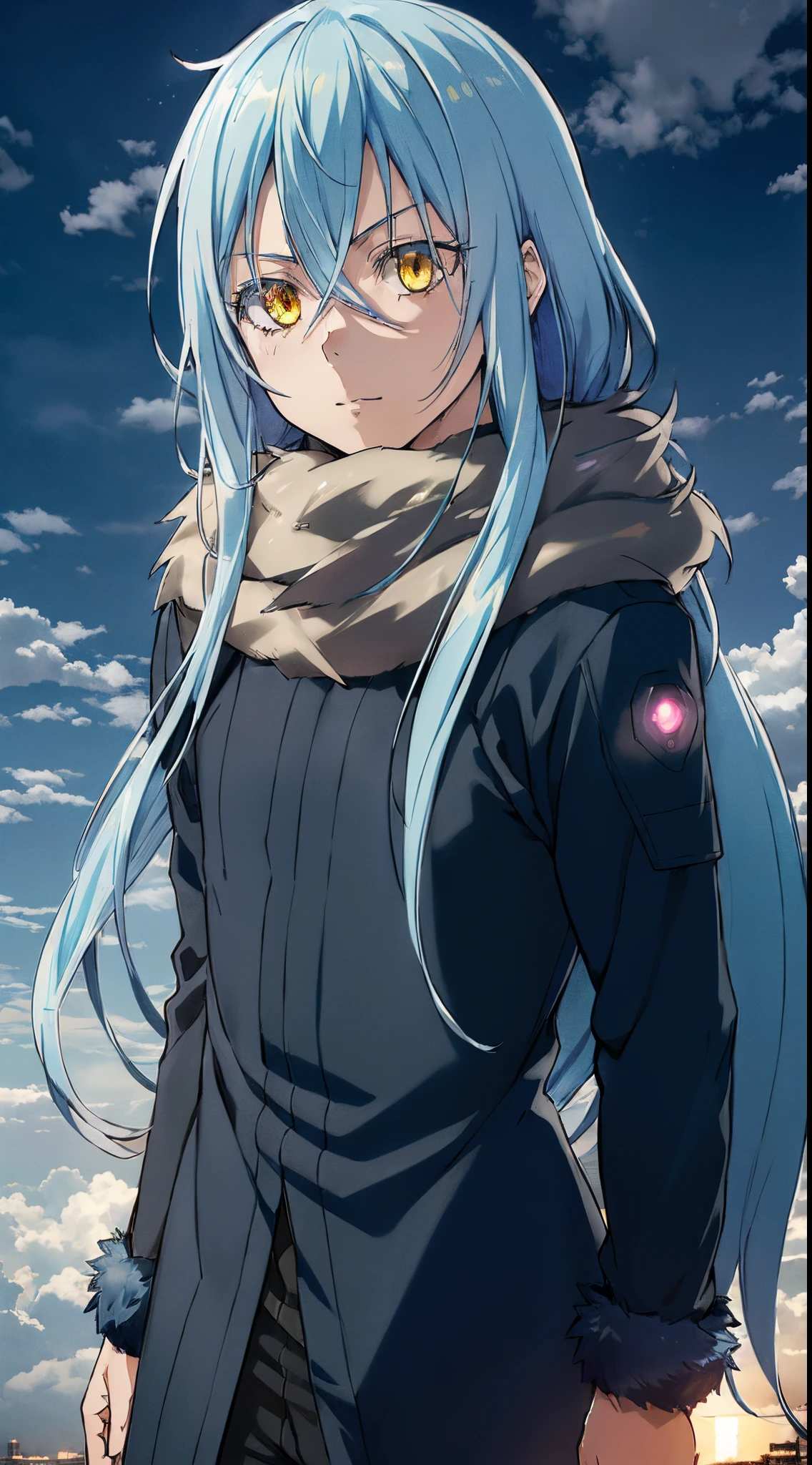 masutepiece, (Photorealistic:1.4), Best Quality, Beautiful lighting, a portrait of a man, rimuru tempest, 1boy, Long blue hair, Fluffy scarves, Yellow eyes, twlight, Clouds, cyberpunk setting,  Raw photo, 8K UHD, Film grain