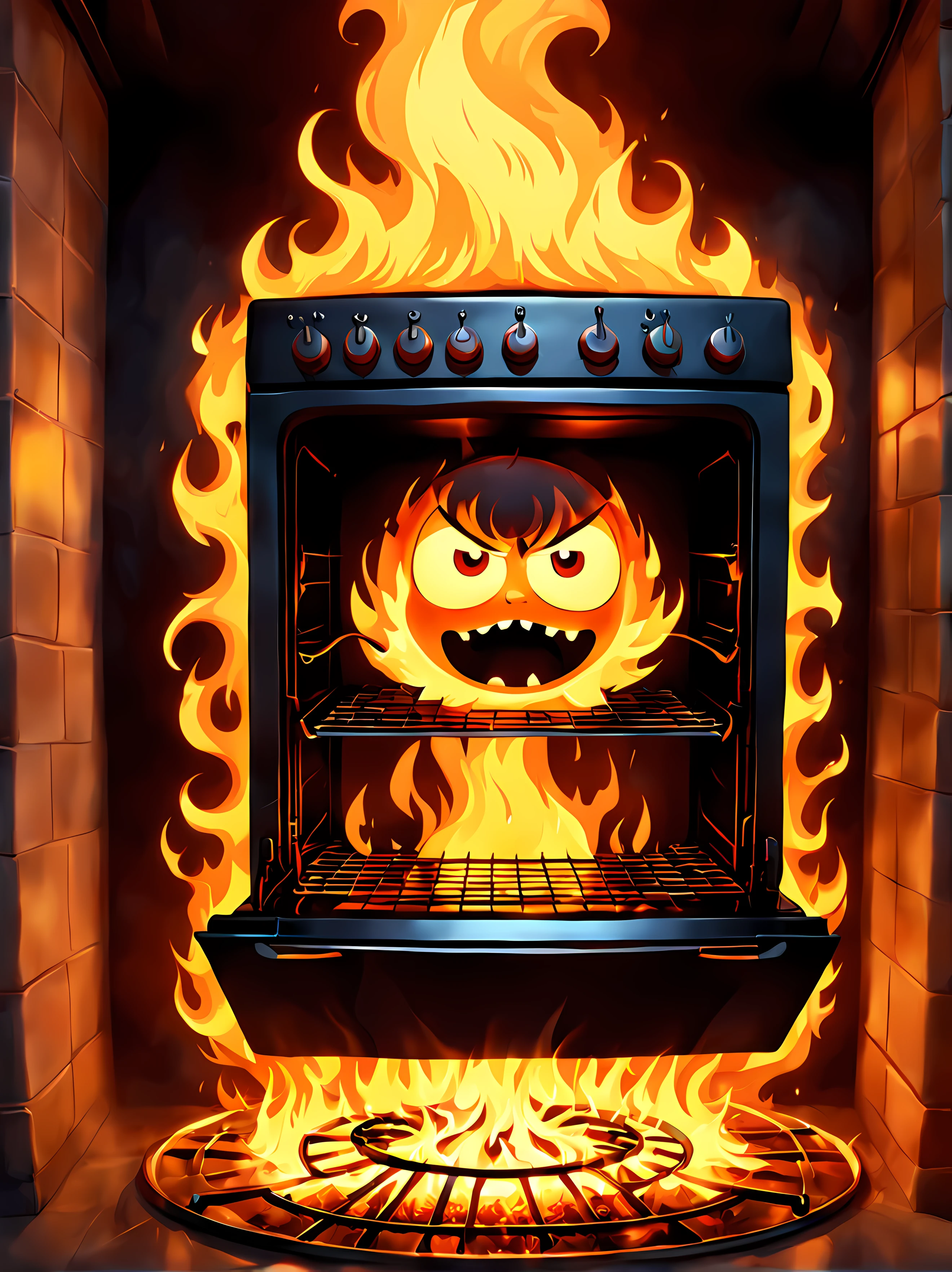 Cute Cartoon, CuteCartoonAF, (cute cartoon style:1.3), (front view:1.3), (close up:1.3), a cursed oven where the flames take on a mesmerizing and otherworldly quality dancing and flickering in an unnatural manner, an atmosphere of enchantment in a dimly lit kitchen, oven's flames illuminating the surroundings, the flames twisting and curling in unpredictable patterns, the mystical aura, supernatural
