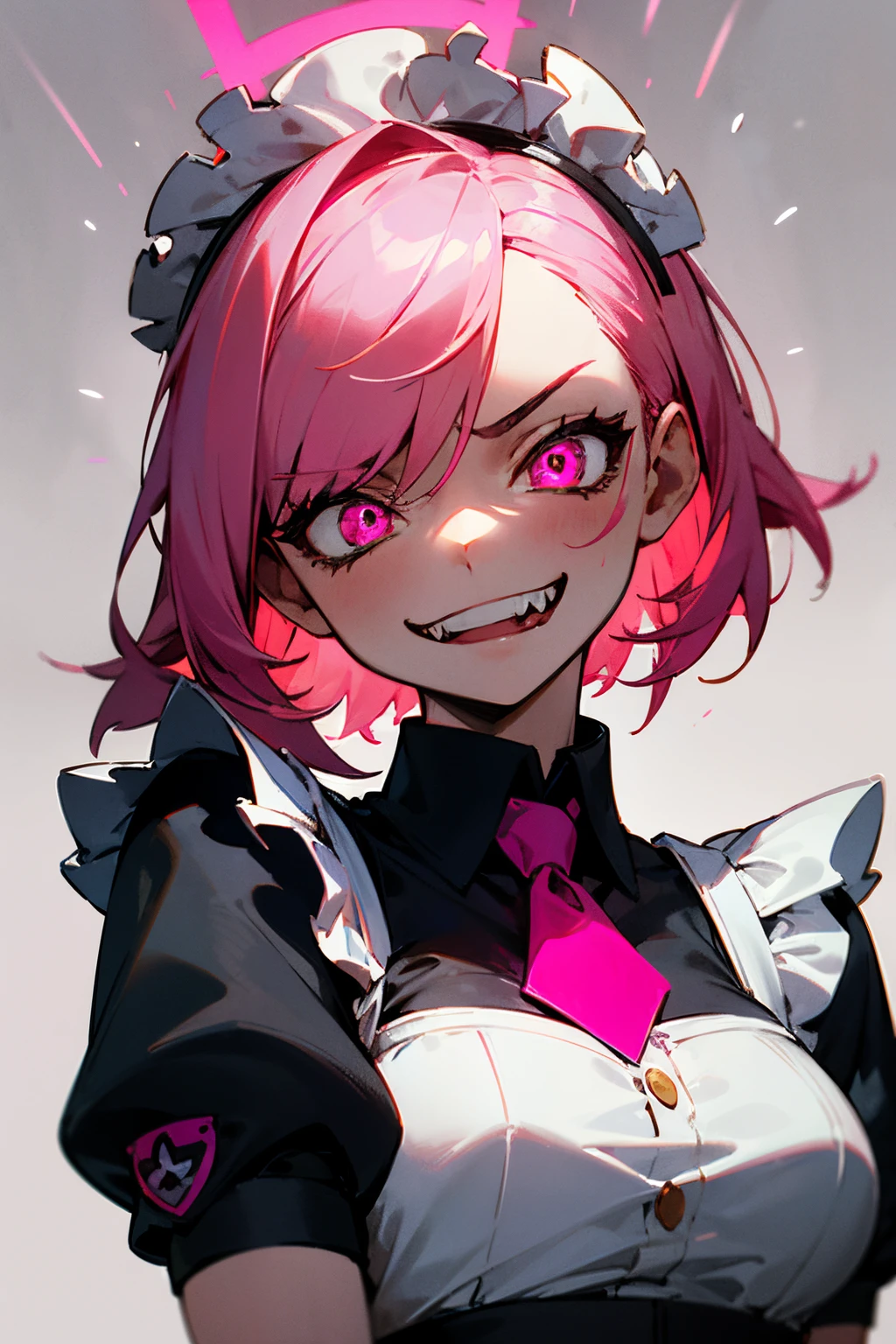 1girl, maid uniform, short pink hair, glow pink eye, portrait, grin, sadistic, cruel expression, sharp teeth, tongue, glowing, sidelighting, wallpaper