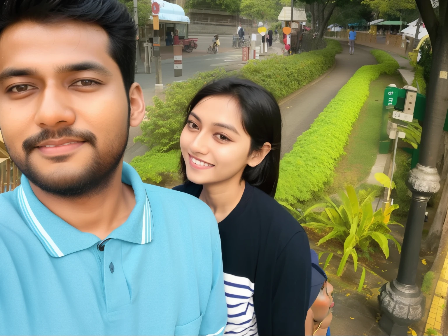 there is a man and a woman standing next to each other, jayison devadas, lovely couple, in love selfie, candid picture, photo taken in 2 0 2 0, in city street, photo taken with canon 5d, very very low quality picture, in a park, couple pose, at a park, connected with hanging bridge!!, shot on nikon z9