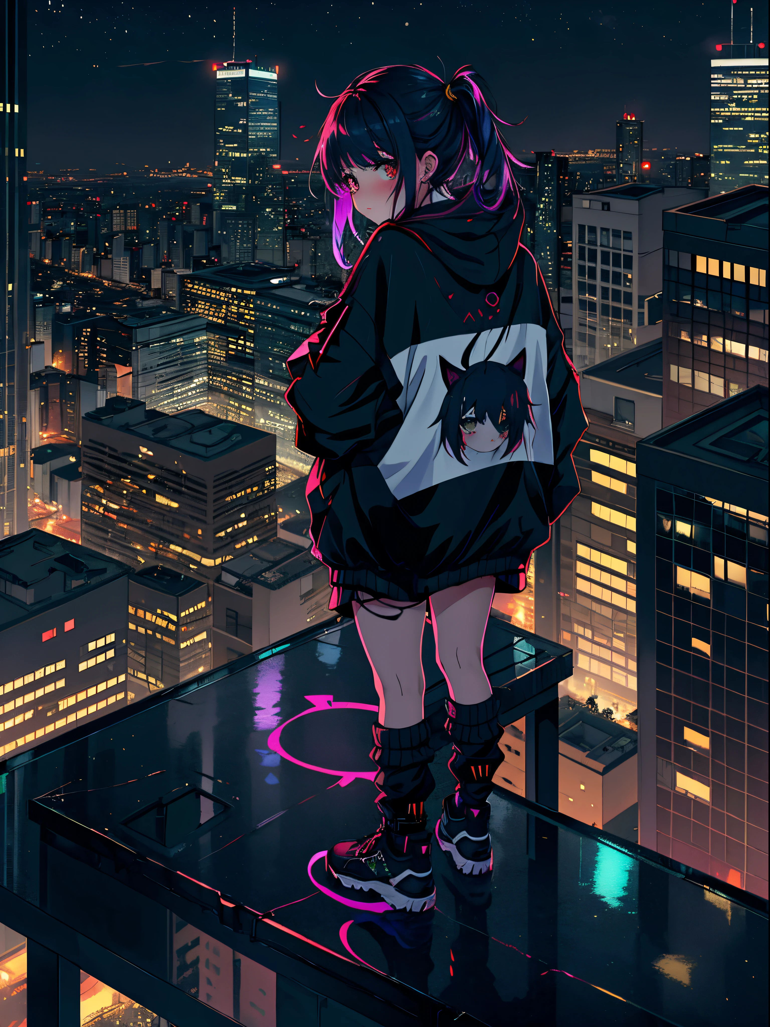 (noite) Cute girl on top of a building wearing baggy clothes watching the horizon and reflecting on how society has come to the point of self-destructing, imagem triste e reflexiva, girl on top of a building watching everything and re reflecting on how society has come to the point of self-destruction, imagem triste e reflexiva