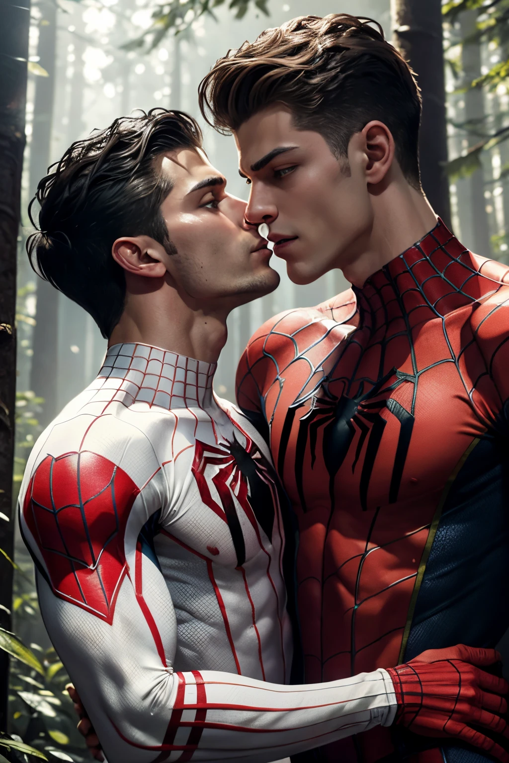 A highly detailed photograph of a two guys white 18-year-old spidermans, handsome, attractive, masculine pose, giving a kiss on the mouth, with green eyes, well groomed short black hair, mischievous look, happy expression, one guy wear a red and gold spiderman clothes, the other guy wear a blank and white spiderman suit shirtless sweaty, showing the ripped torso, in a fantasy summer forest, beautiful illumination. hyperrealistic, hyperdetailed, 4k,