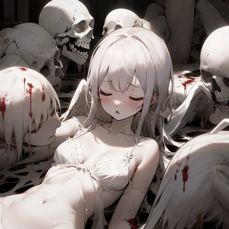 pile of corpses, closed eyes, scenery, perfect anatomy, white lingerie, angel, sad, :o, bleed, dirty, battlefield