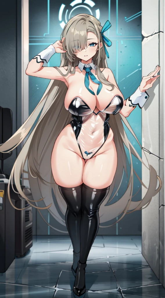 (A high resolution), (Ridiculous resources), (Best quality at best), (high high quality), (tmasterpiece), 1 plump girl, Asuna, eBlue eyes, Long gray hair, The halo, hair covering one eye, Very long hair, Light brown hair, (Large breasts, The cracks are relatively large), Latex high socks, Red latex stockings, praying hands logo, looking at viewert, 8K HD RTX, Delicate finger detailing,obscene exposure,slimfigure,