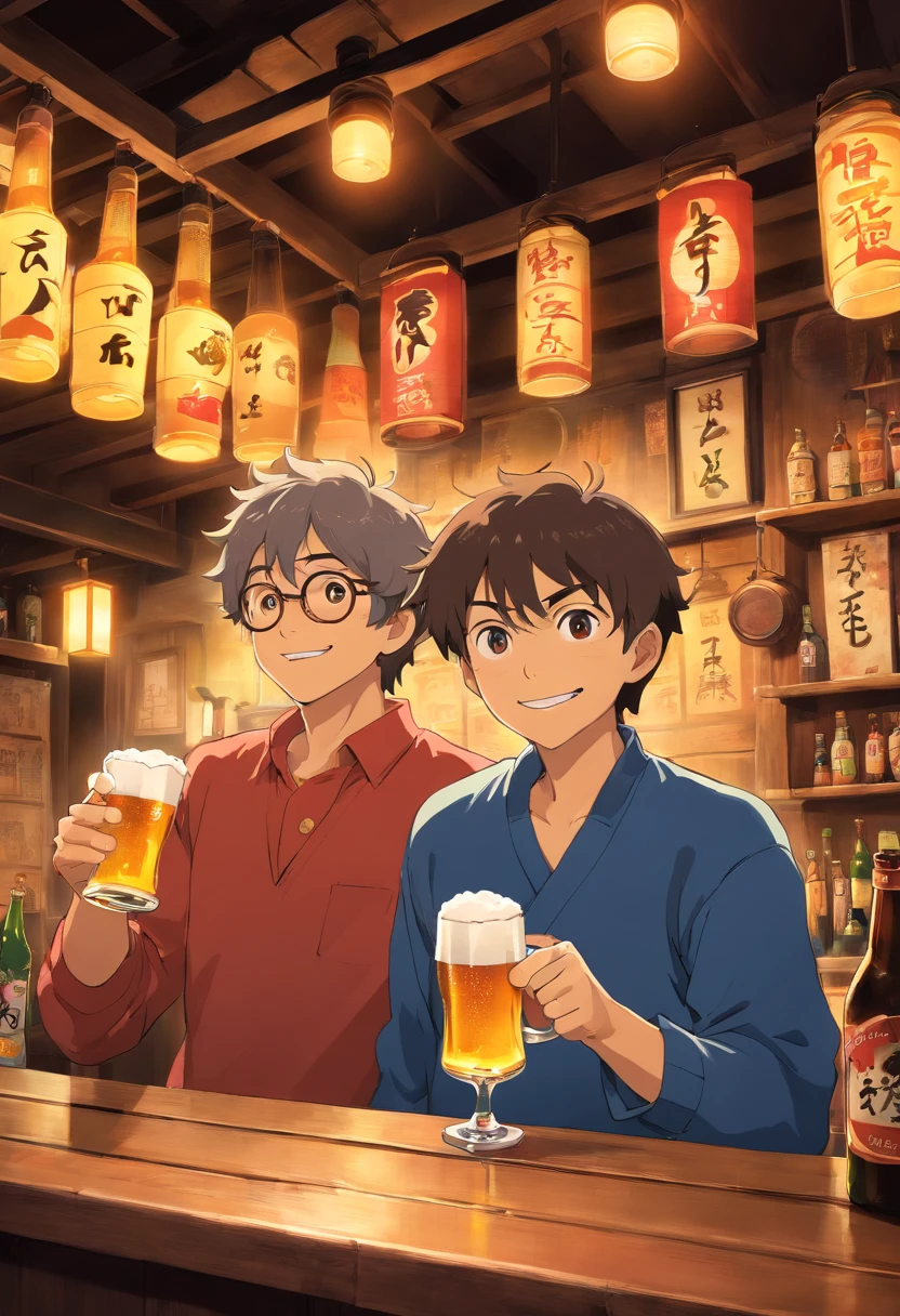 Izakaya,2guys,drinking beer, full of entertainment