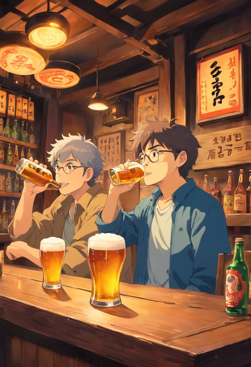 Izakaya,2guys,drinking beer, full of entertainment