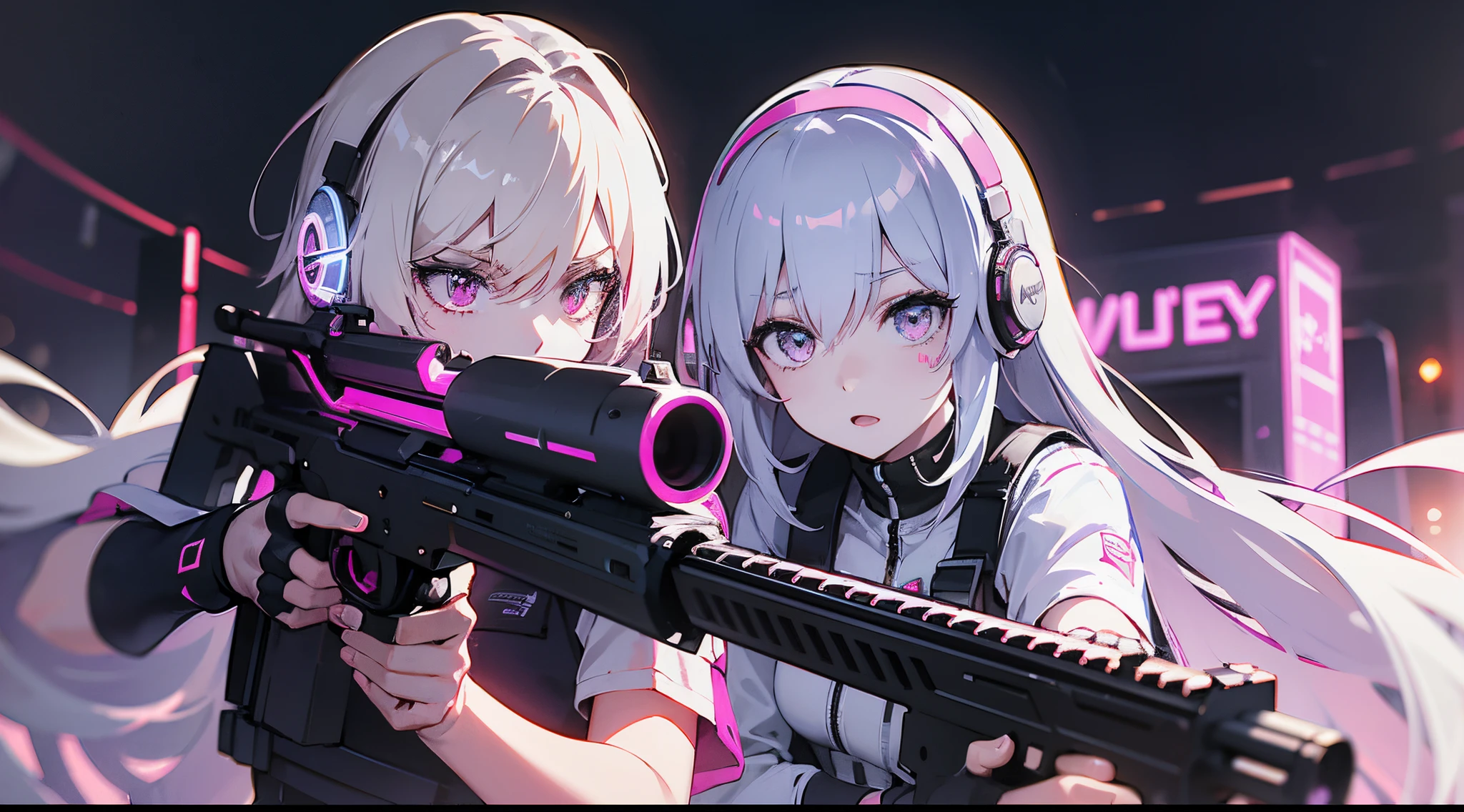 at the battlefield，Carry a firearm，Three white-haired girls are close to each other，Put on headphones with pink neon lights，at the battlefield，Carry a firearm