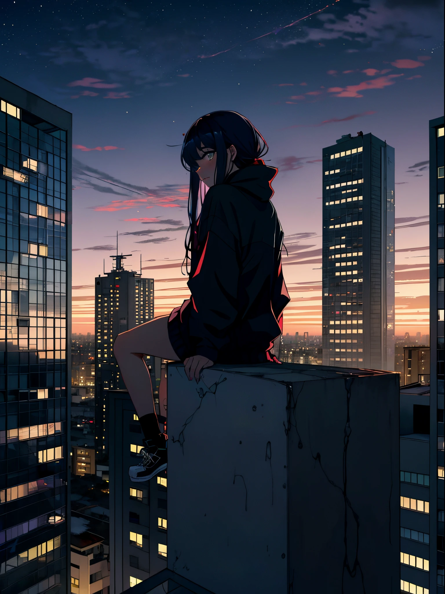 (noite) Cute girl on top of a building wearing baggy clothes watching the horizon and reflecting on how society has come to the point of self-destructing, imagem triste e reflexiva, girl on top of a building watching everything and re reflecting on how society has come to the point of self-destruction, imagem triste e reflexiva