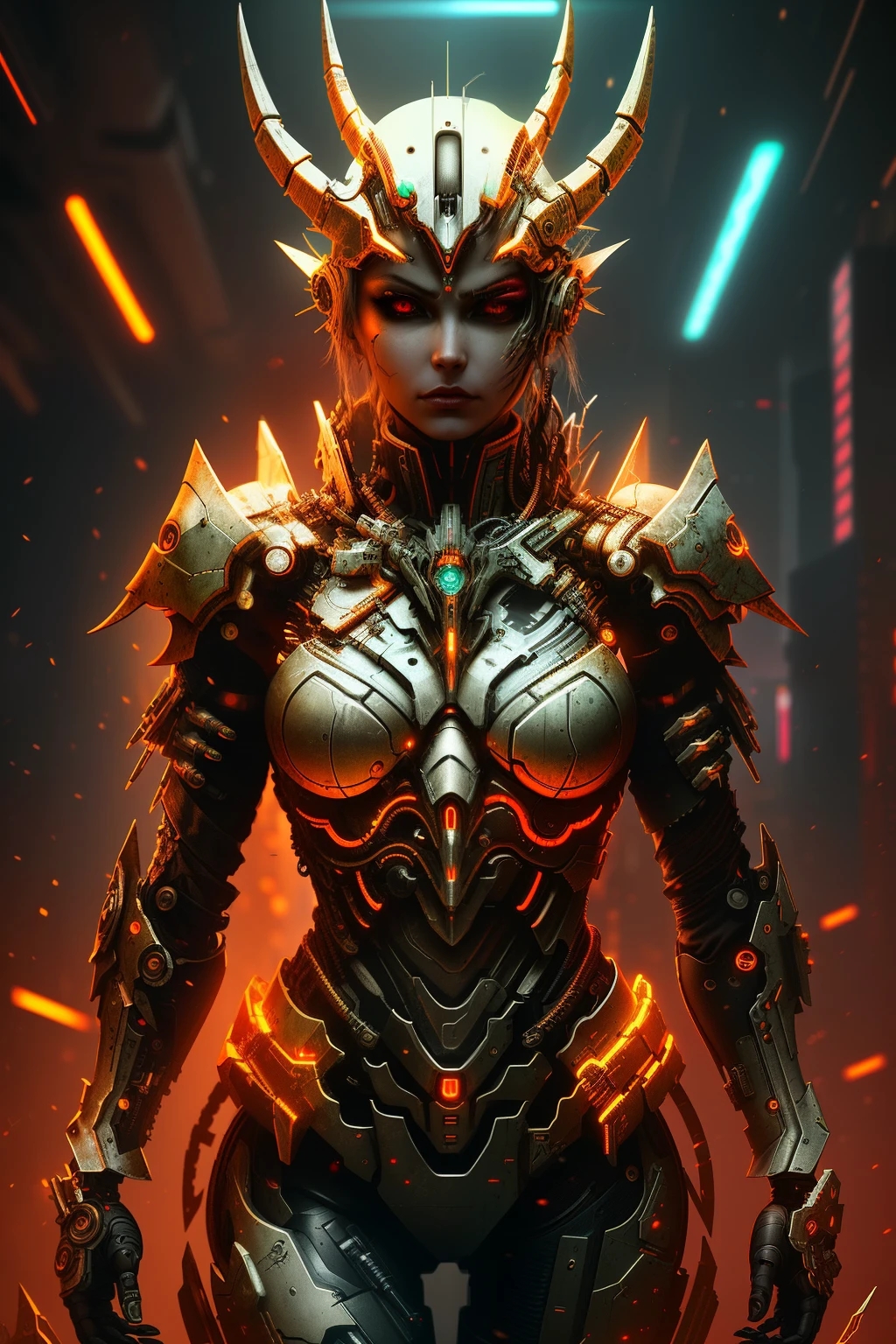 [SH4G0D:1], a beautiful cyborg warrior girl cyberpunk sensual vampiric beautiful body beautiful face in big breasts bionic legs bionic arms armor in an intricate futuristic cyberpunk city ultra detailed 8k extremely realistic[cabelo fluorescente:1]