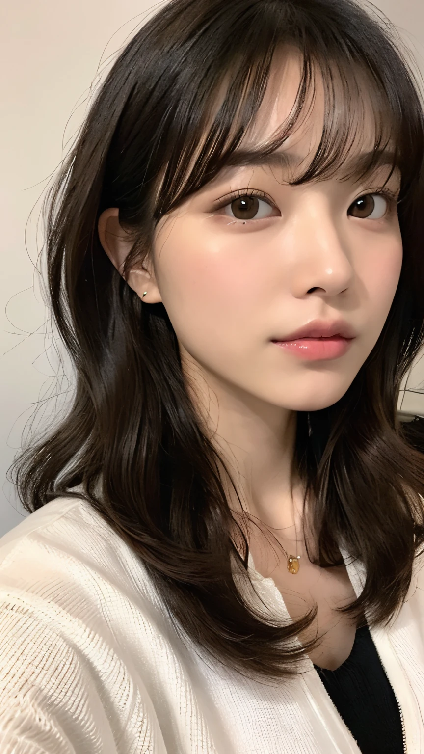 (top-quality、16K resolution)1人、独奏、natural soft light、small tits、A Japanese Lady、Looking at the camera、wearing black sweater、(Beauty Salon Background)、Facing the front、is standing、bobhair、Woman in her late teeight bangs、(short-hair)、Salon model、Natural look、portlate、floated hair、Straight hair、Brown hair