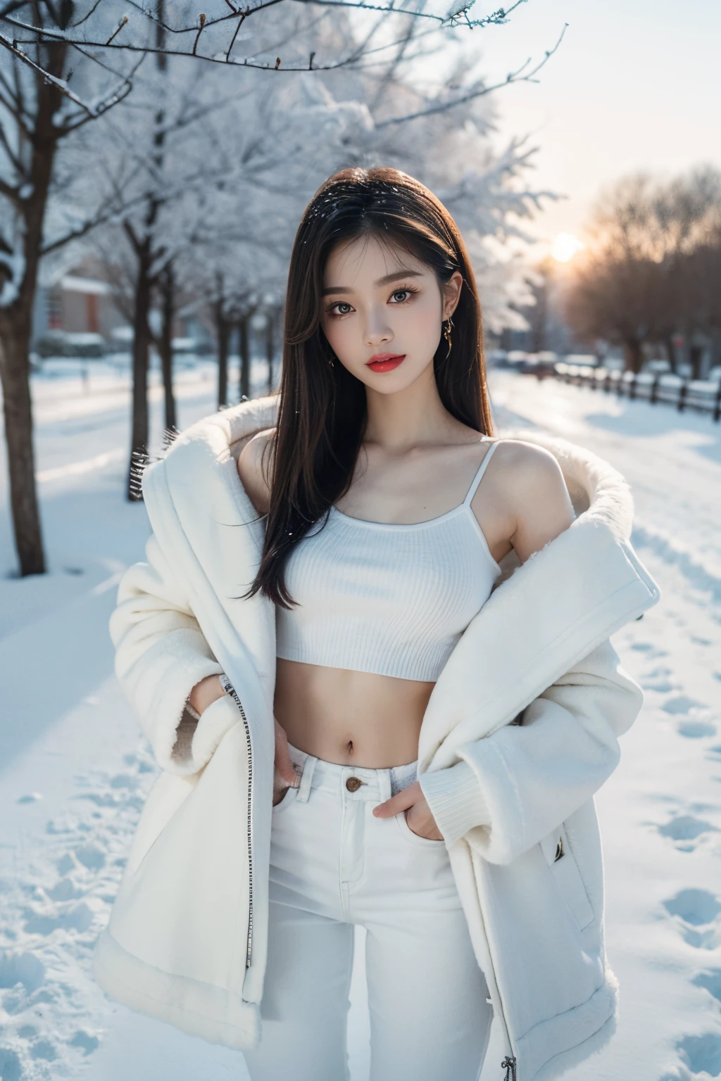 Best Quality, 4K, 8K, A detailed face, Clear face, Cute little girl s, Korean Makeup, Red lips,Laugh, Perfect body,Shoulder-length straight bob hair,Small breasts,Thigh,slim,Thin, The girl is wearing a wide white mink fur coat, Under the jacket was a white sweater and denim pants., snowscape, Winters, garden,