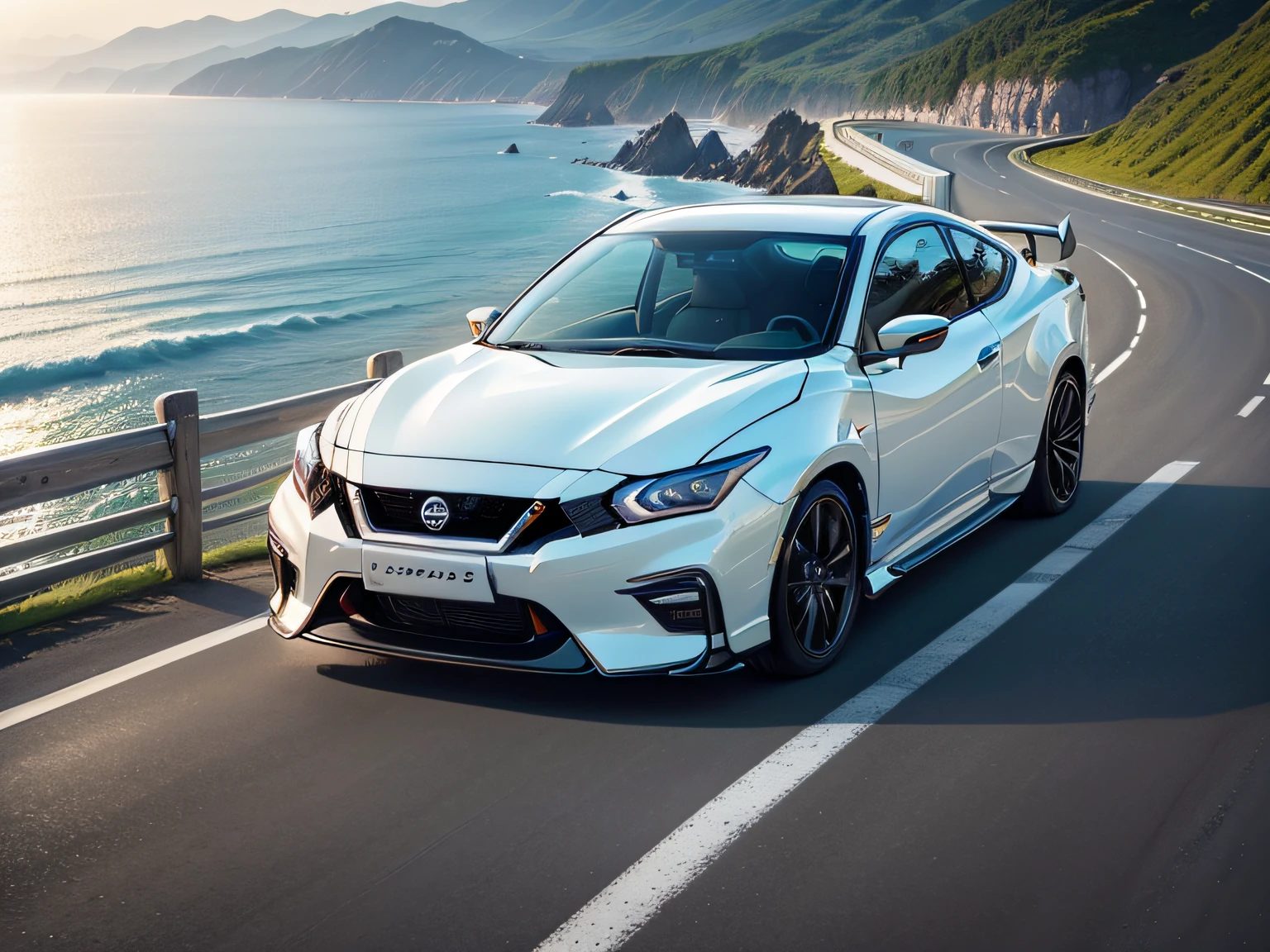 超A high resolution、An ultra-high picture quality、8K、Detailed details、marvelous expression、early summer coastline、Beautiful fresh greenery and lapping waves、A white car runs gracefully on the mountain pass road along the coast.........、((Nissan Bluebird SSS Coupe Sport GT))