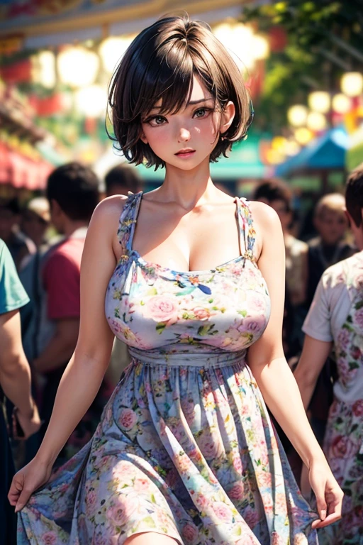 Best Quality, 1girl in, (Skindentation), (huge-breasted:1.2), (blur backgroun:0.6), In a crowded amusement park, (casual yet stylish, Elegant Fabric,Floral dress:1.5 ), Gorgeous, (Short hair:1.5), Soft lighting, Wind, (Front light:1.5), Surprised,