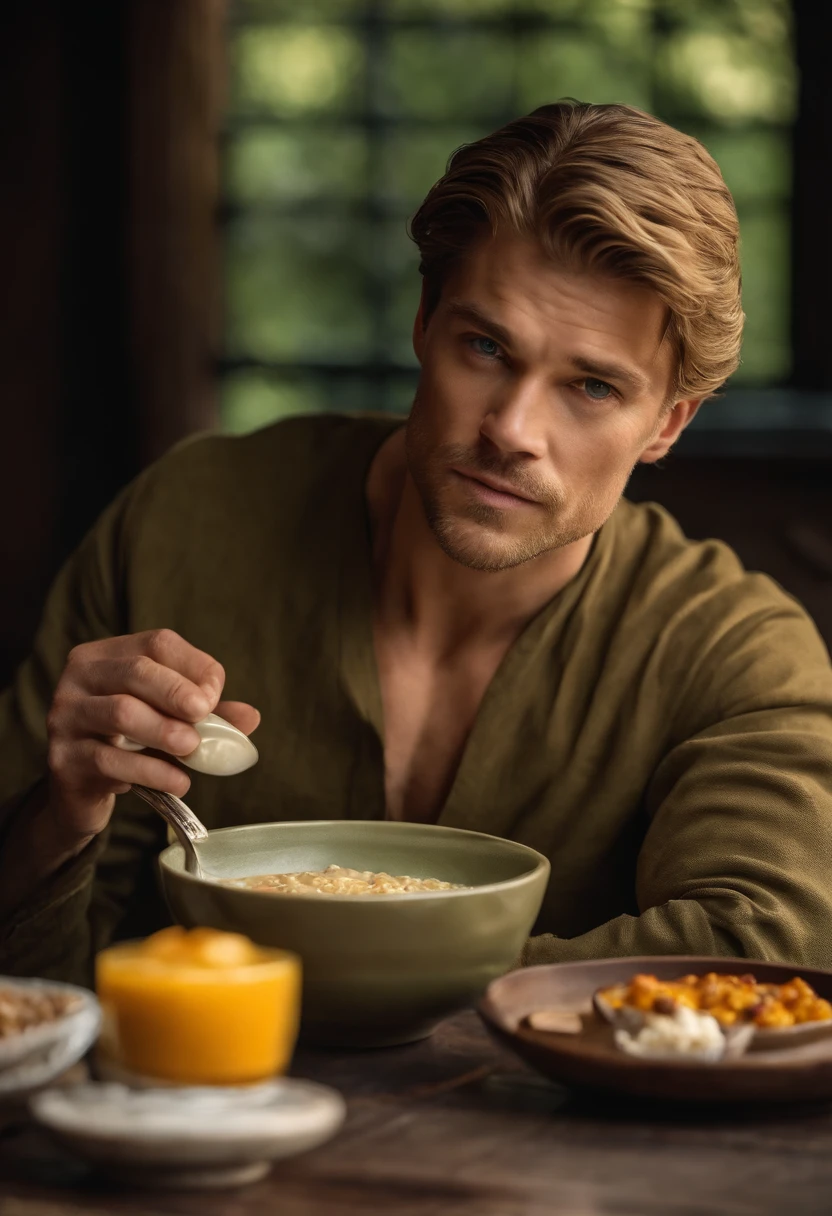 A photo of Jaime sitting at the breakfast table, looking disdainfully at a humble bowl of porridge in front of him.,Game of Thrones TV series,Jaime is handsome, blonde, with green eyes, and a golden hand, famously portrayed by Nikolaj Coster-Waldeau