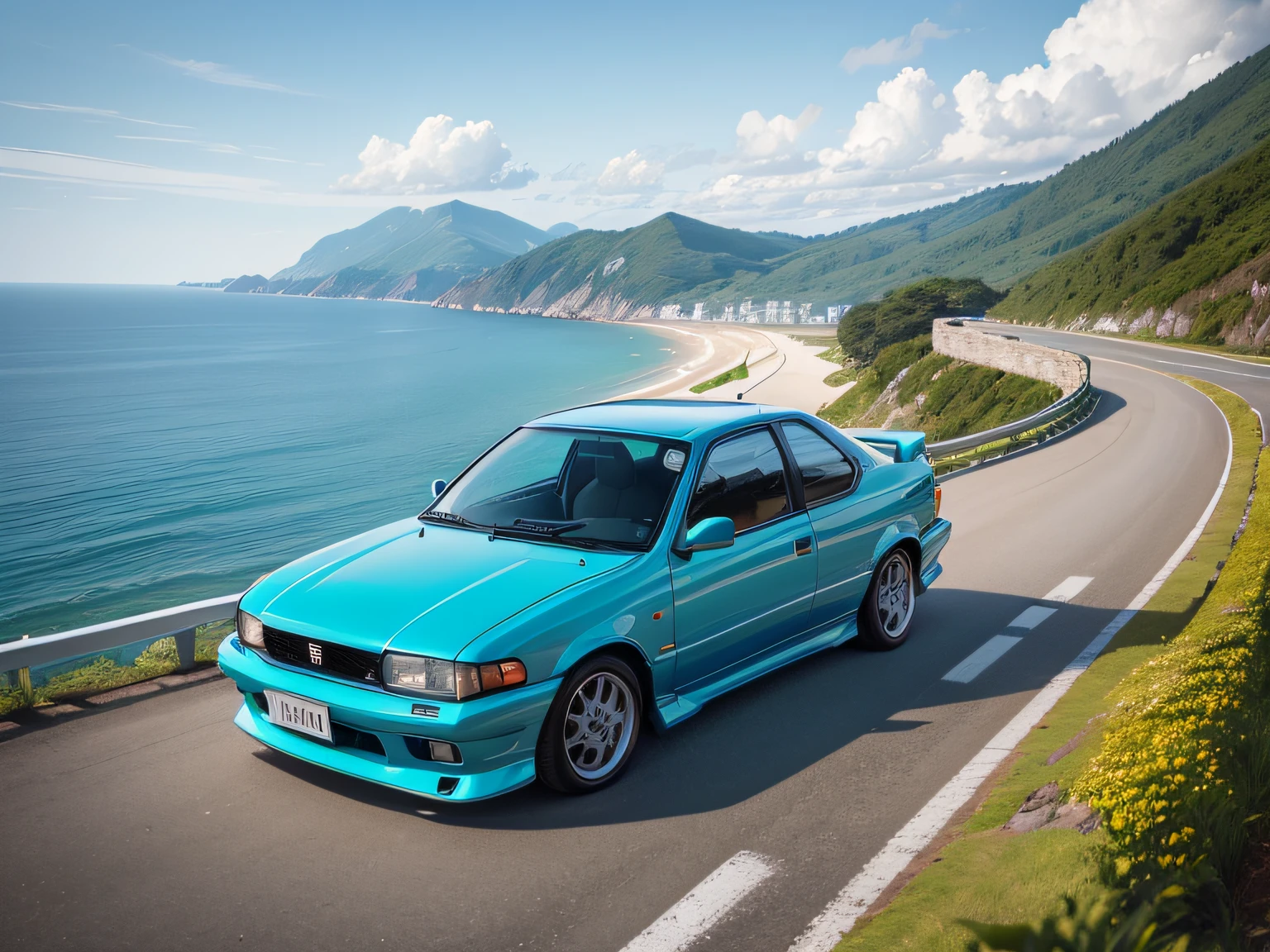 超A high resolution、An ultra-high picture quality、8K、Detailed details、marvelous expression、early summer coastline、Beautiful fresh greenery and lapping waves、A white car runs gracefully on the mountain pass road along the coast.........、((Nissan Bluebird SSS Coupe Sport GT))