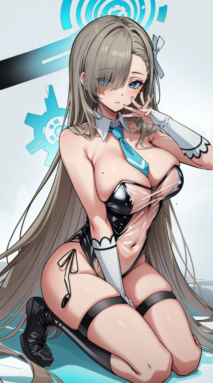 (A high resolution), (Ridiculous resources), (Best quality), (high high quality), (tmasterpiece), 1 plump girl, Asuna, eBlue eyes, Long gray hair, The halo, hair covering one eye, Very long hair, Light brown hair, (Large breasts, The cracks are relatively large), Latex high socks, Red latex stockings, praying hands logo, looking at viewert, 8K HD RTX, Delicate finger detailing,obscene exposure，Slim figure，