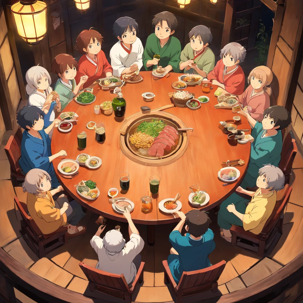 Izakaya,drinking,full of entertainment,circle shape table in the center,bird’s-eye view,shows only hands no face
