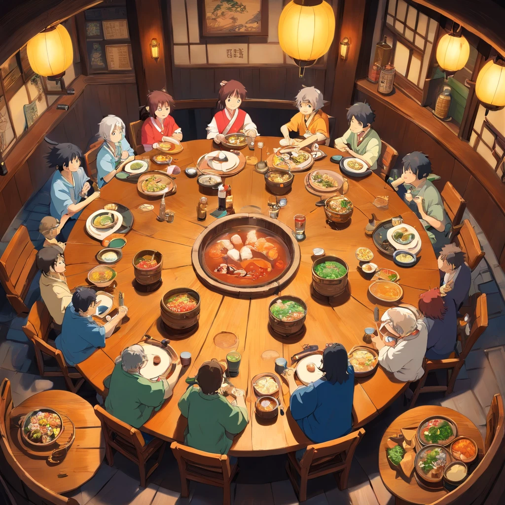 Izakaya,drinking,full of entertainment,circle shape table in the center,bird’s-eye view,shows only hands no face
