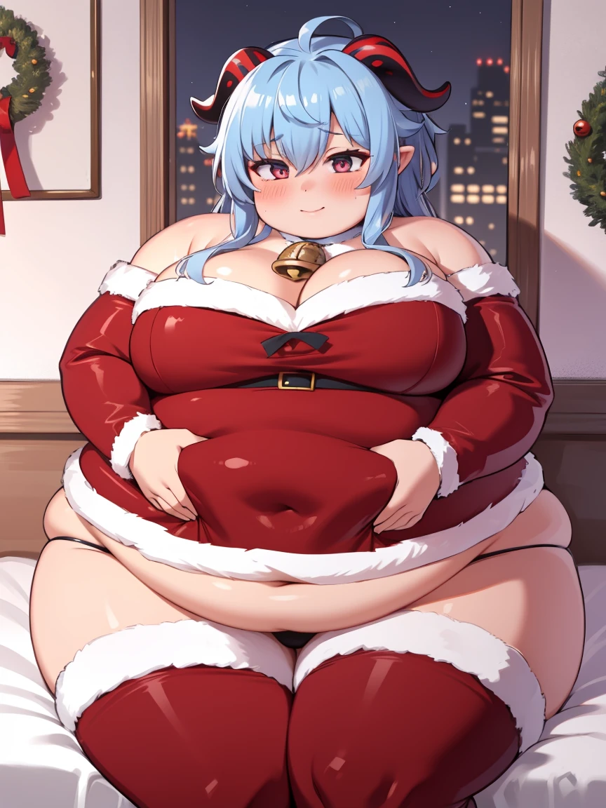((masterpiece)), 4K, highdes, Obese Ganyu, Christmas suit, horns, bell in neck, Large Breastas, fat thick thighs, fat belly, fat arms, cute face, no ears, hair over ears, panties christmas, bedroom, night, rubbing belly in heart form with hand