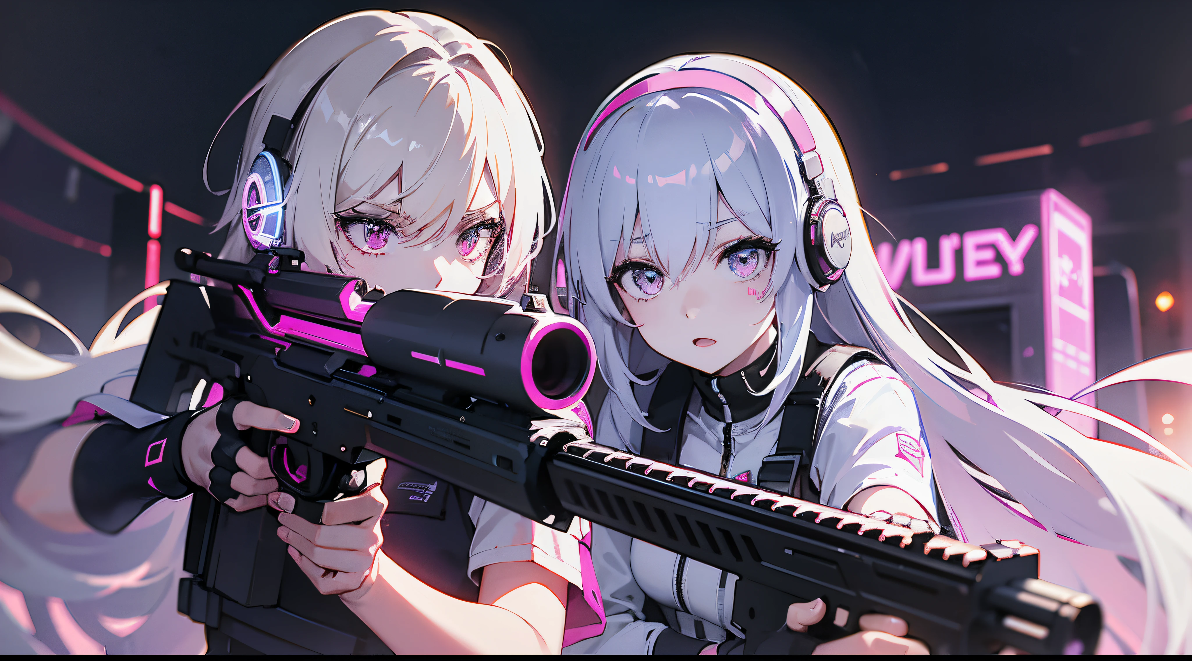 at the battlefield,Carry a firearm,Three white-haired girls are close to each other,Put on headphones with pink neon lights,at the battlefield,Carry a firearm