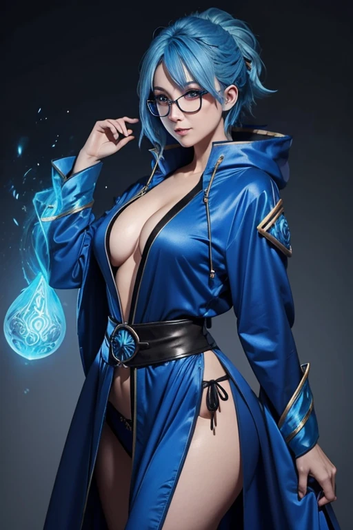 a pretty blue haired nerd mage using a very sexy mage robes
