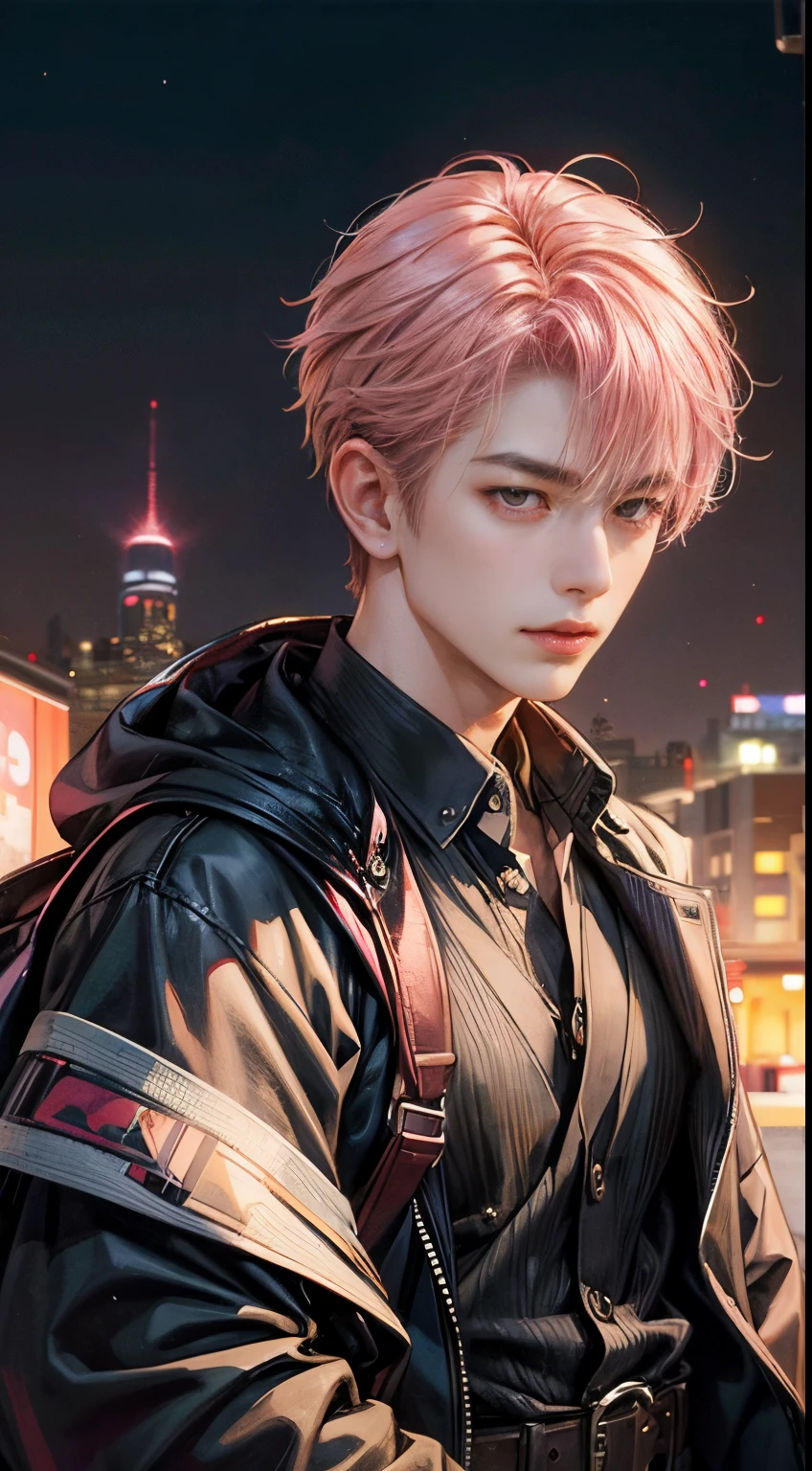 Dusk Spider, Illustration, 1boy, Male Focus, Matsumoto Hideto, Hide from X-Japan, Rockstars of the Japan, Pink spider, Bokeh, brown_Eyes, Closed_Mouth, Cosplay_Photo, Depth_in the_field, Figure, movie_grain, Focused, Jacket, up looking_で_viewer, Plaid, Plaid_Shirt, spikes_hair, Stadium, Unconventional_media, white_Background, eye line, Brown eyes, Pink hair, Solo, up looking_で_viewer, emotional, Highly detailed, Wide Shot,Art by Artgerm,