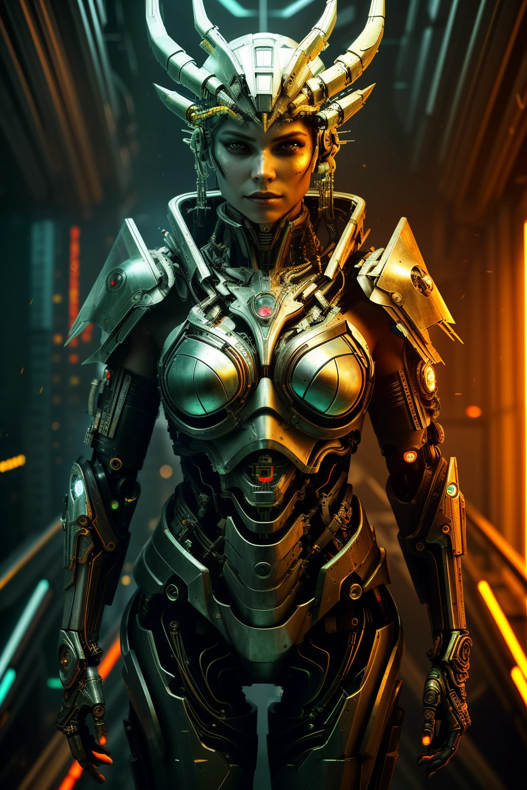 [SH4G0D:1], a beautiful cyborg warrior girl cyberpunk sensual vampiric beautiful body beautiful face in big breasts bionic legs bionic arms armor in an intricate futuristic cyberpunk city ultra detailed 8k extremely realistic[cabelo fluorescente:1]