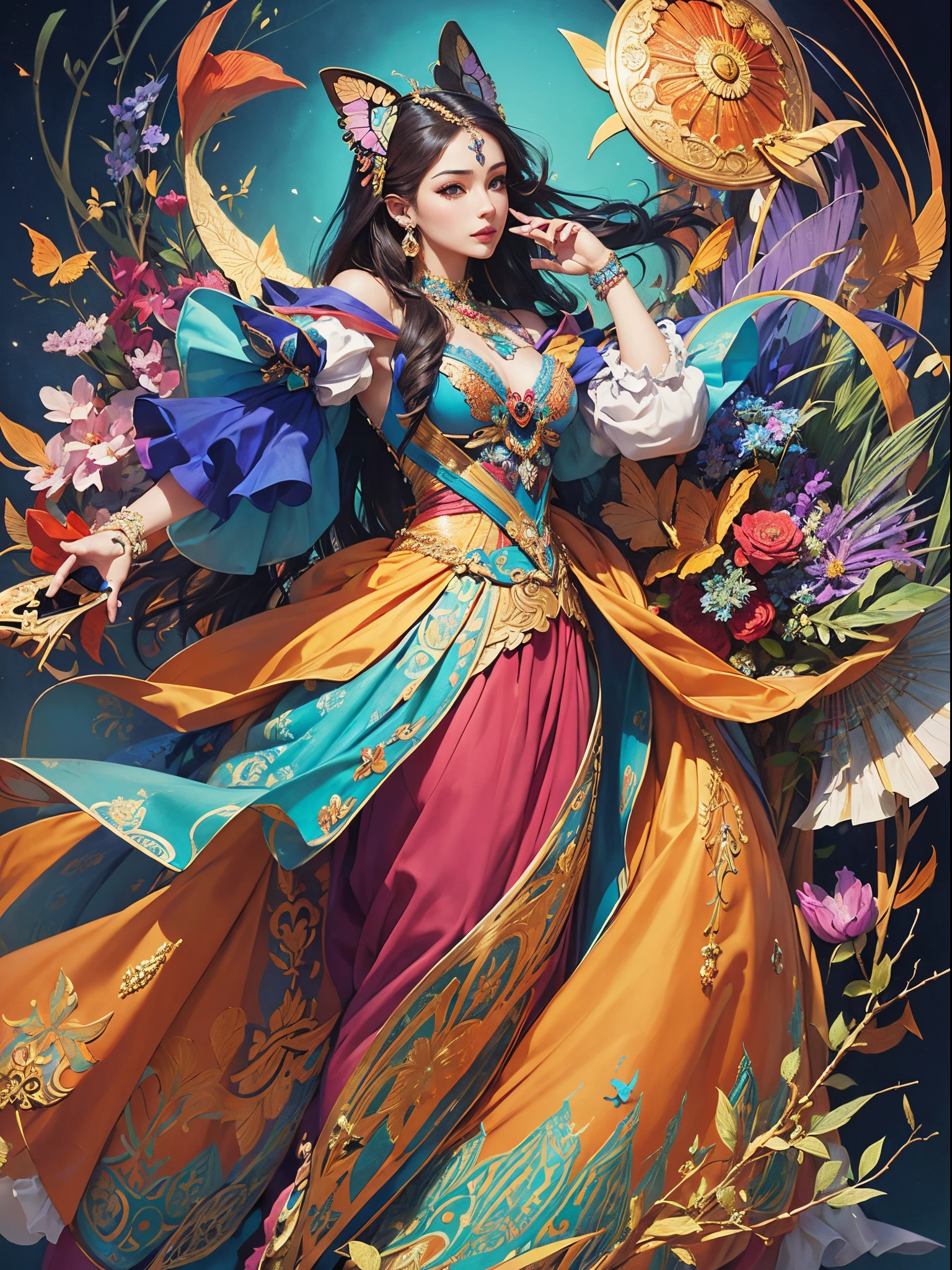 Butterfly motif、orange and indigo tones、Vibrant colors、((masterpiece)))、(((top-quality)))、((ultra-detailliert))、(A hyper-realistic)、(highly detailed CGillustration)、From the right side、Official art、Naples in the early 20th century、Decadent、Madame Papillon、Cool Beauty、Masquerade、refinement、Elegance、Gorgeous、Masks that cover most of the face、Colorful and detailed mask design、matchless beauty、Fans、gorgeous dress、jewely、Perfect Angle、perfect-composition。full body Esbian