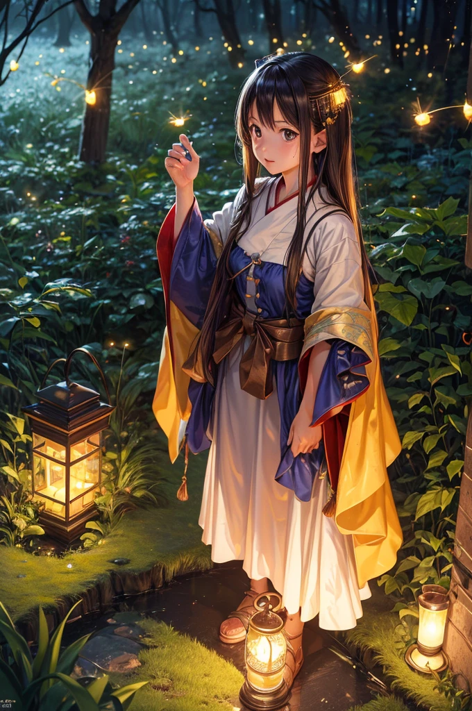 (8K, of the highest quality, masutepiece: 1.2), (Realistic, Photorealistic: 1.37), Super Detail, One girl, Wide-angle angle of view, Firefly Garden, There are many small faint lights and fireflies flying around, Night