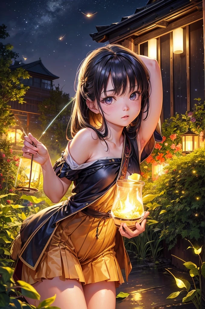 (8K, of the highest quality, masutepiece: 1.2), (Realistic, Photorealistic: 1.37), Super Detail, One girl, giga_busty, Wide-angle angle of view, Firefly Garden, There are many small faint lights and fireflies flying around, Night