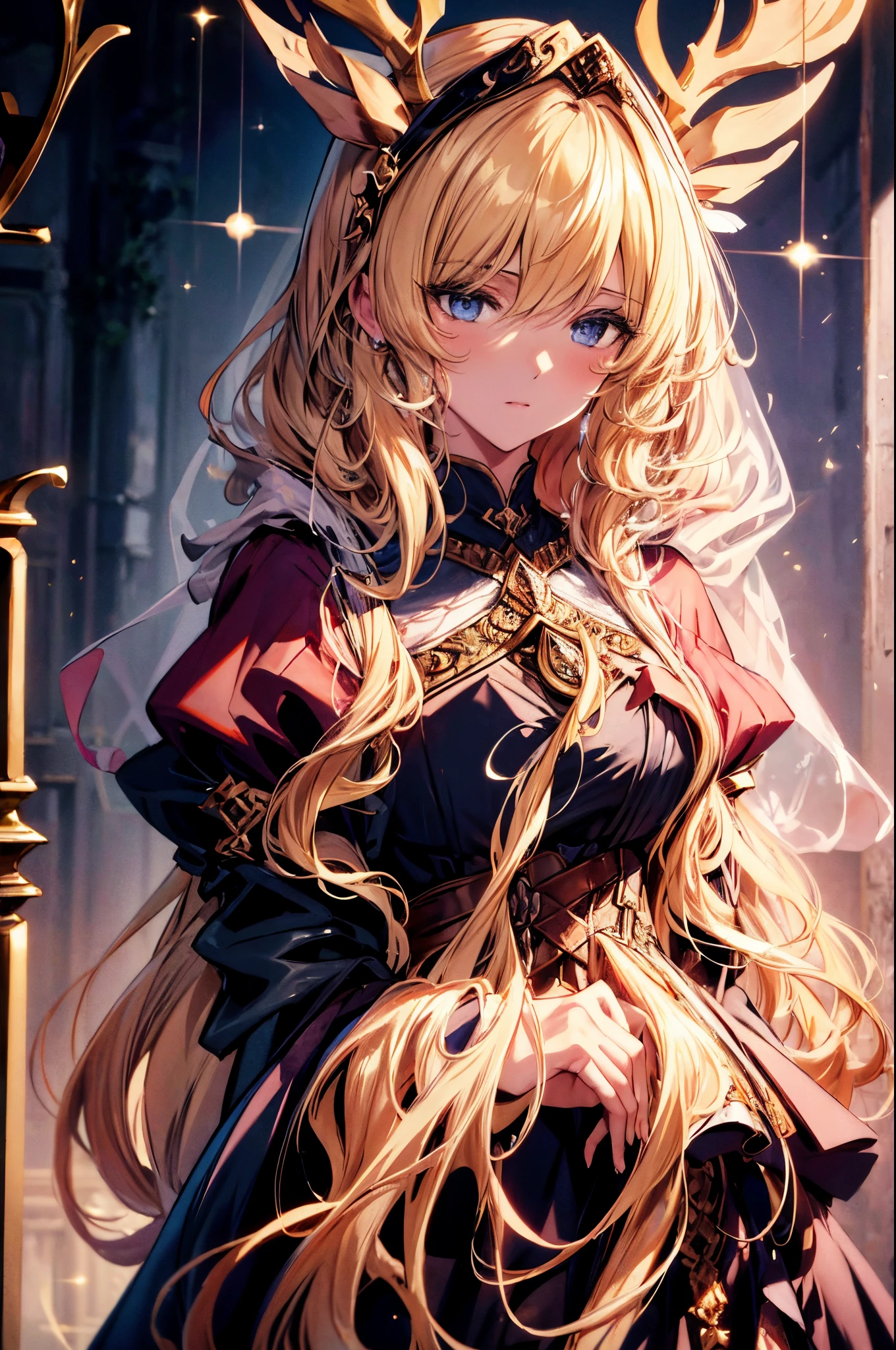 (Best quality, 4K, 8K, A high resolution, tmasterpiece:1.2), ultra - detailed, Noble maiden, exquisite facial features，Long blonde curly hair details expressed, beautiful postures, Fantastical Atmosphere, expressive brush strokes, mystical ambiance, Artistic interpretation,Delicate curls，Detailed floral jewelry, Crystal diamond jewelry，Small fresh aesthetics，Stunning intricate costumes, Fantasy illustration, Subtle colors and tones, The details have been upgraded