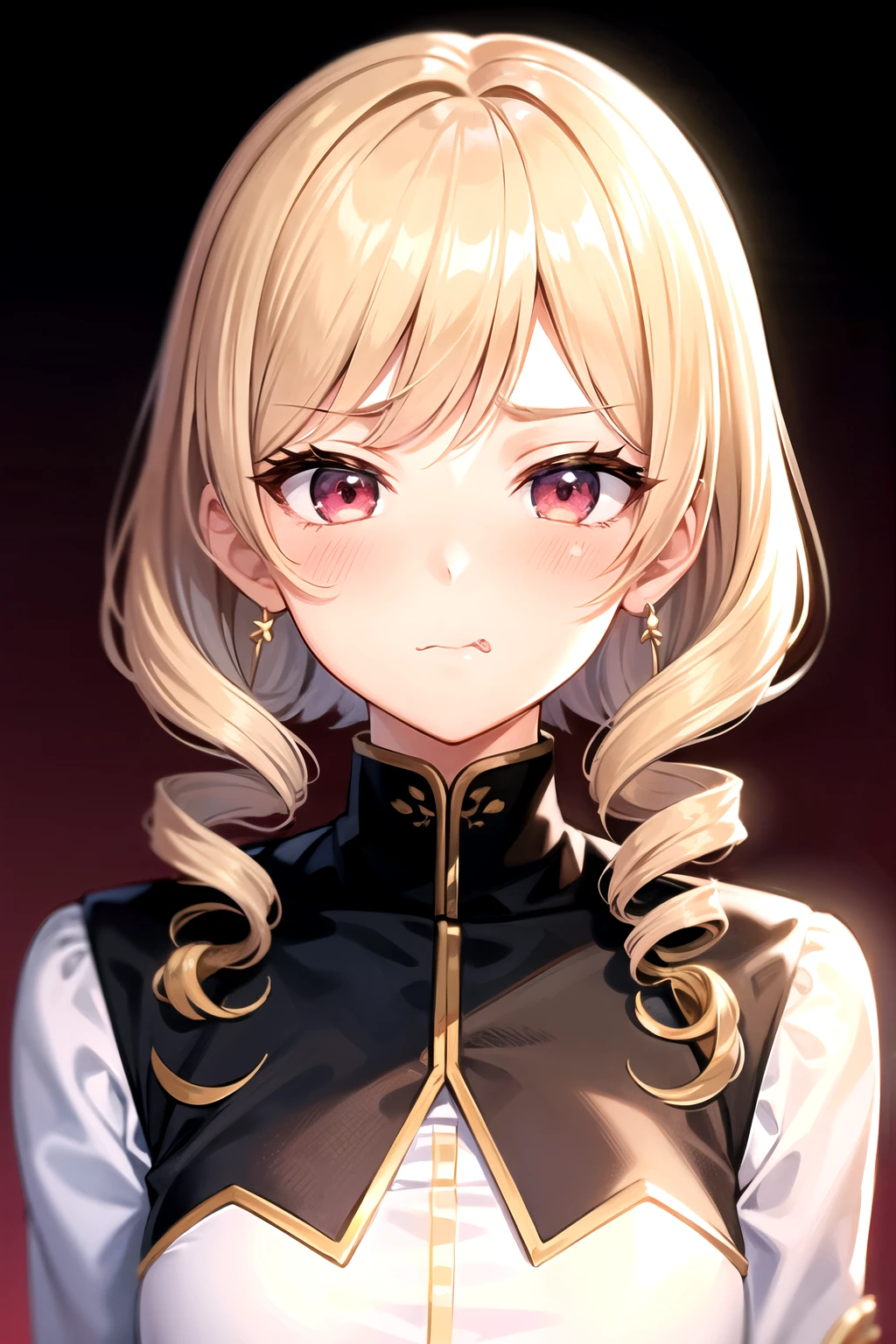 1girl, princess uniform, blonde hair, drill, gold eye, portrait, pouting, shy, embarassed expression, pink blush in cheek, red ear, charming, glowing, sidelighting, wallpaper