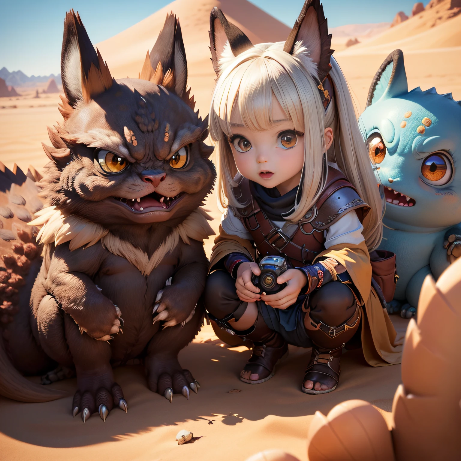 超A high resolution、An ultra-high picture quality、8K、Detailed details、marvelous expression、Lots of kids、many small, Comical and cute monsters become your friends..、everyone is playing together、Monster Hunter Character Costumes、Vast desert background、
