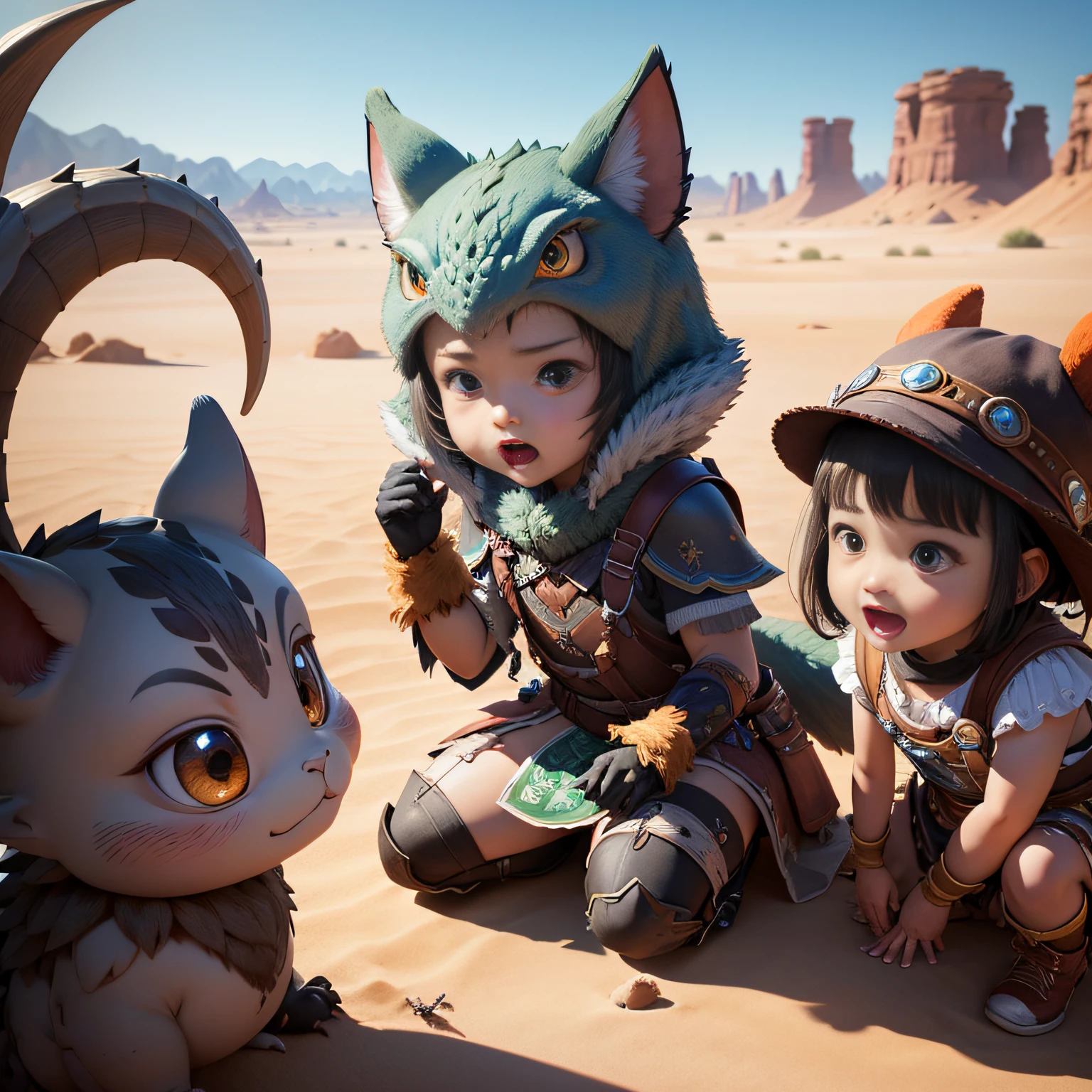 超A high resolution、An ultra-high picture quality、8K、Detailed details、marvelous expression、1 person woman、Zebra Monster is your buddy、Monster Hunter Character Costumes、Have a big weapon、vast desert oasis background、
